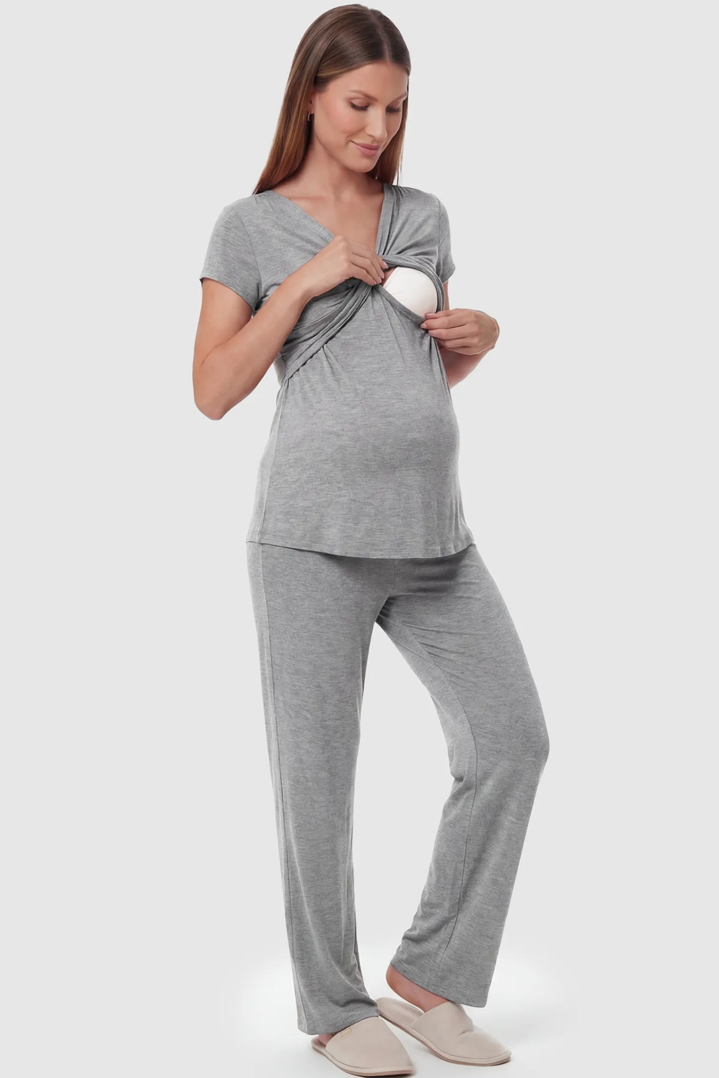 Wrap-Front Wide-Leg Maternity & Nursing Pajama Set Wrap-Front Wide-Leg Maternity & Nursing Pajama Set in light gray featuring nursing access and flowy wide-leg pants on pregnant model.