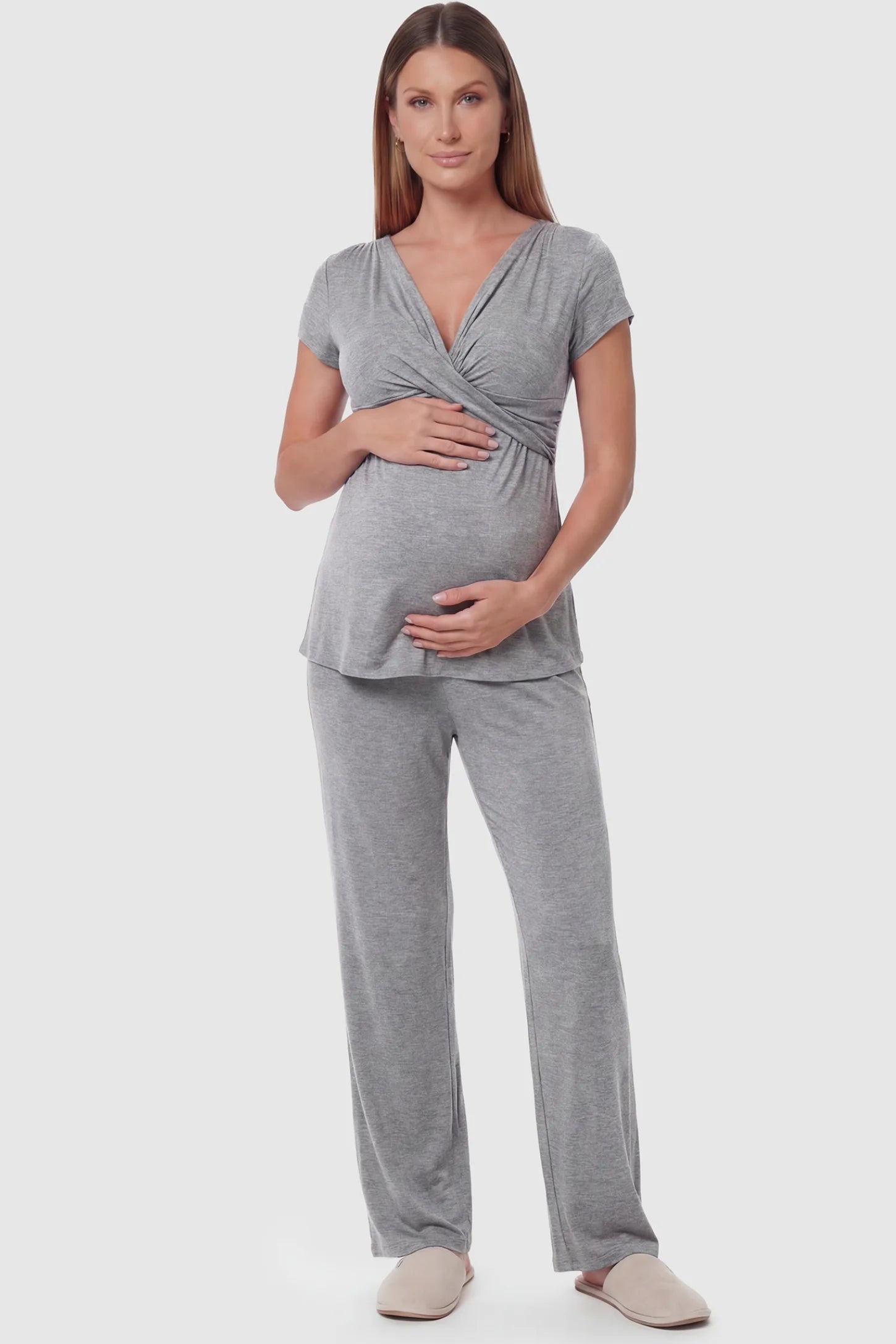 Wrap-Front Wide-Leg Maternity & Nursing Pajama Set Wrap-Front Wide-Leg Maternity & Nursing Pajama Set in light gray featuring V-neck crossover top and flowy wide-leg pants on pregnant model.