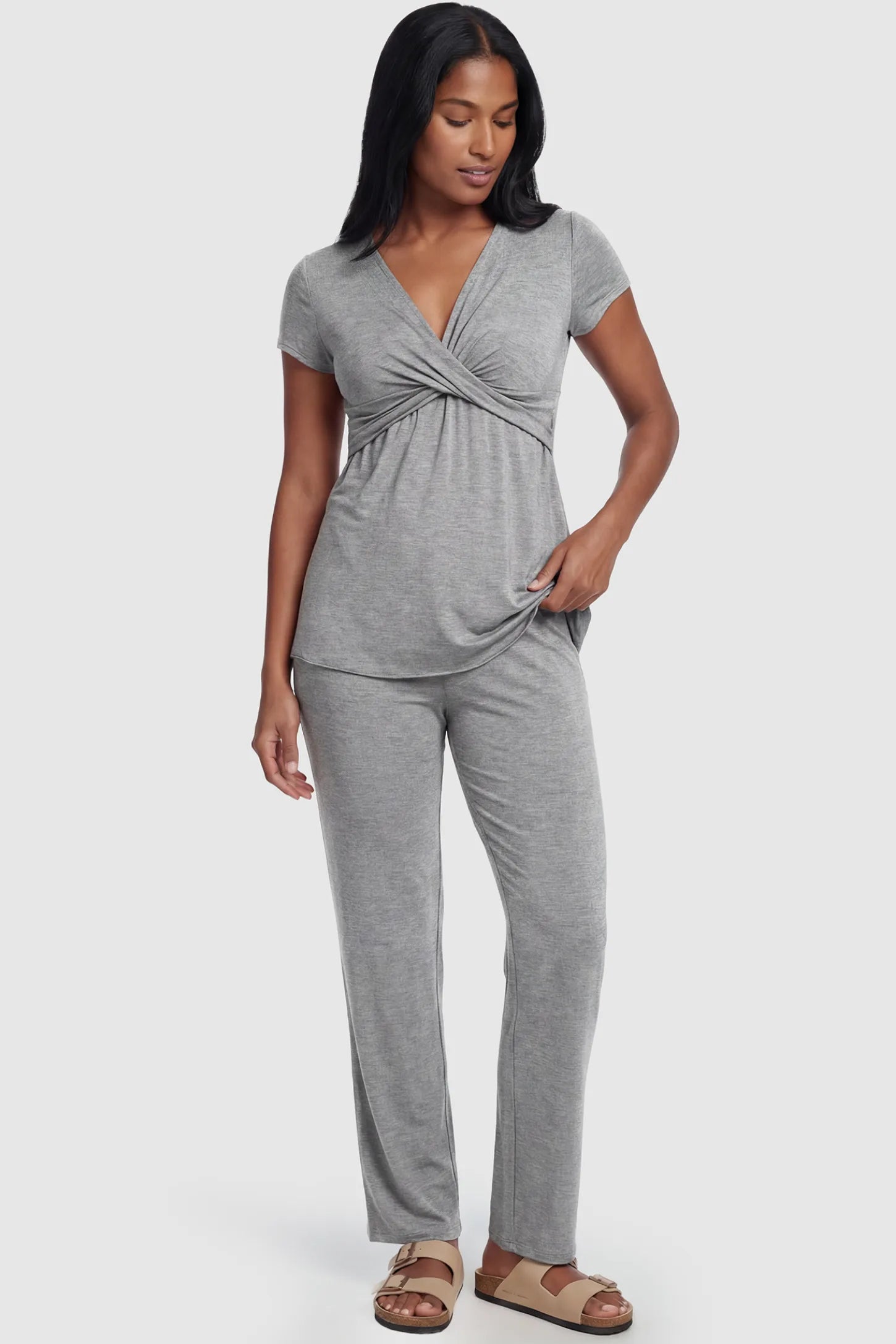 Wrap-Front Wide-Leg Maternity & Nursing Pajama Set Wrap-Front Wide-Leg Maternity & Nursing Pajama Set in light gray featuring V-neck crossover top and flowy wide-leg pants on non pregnant model.