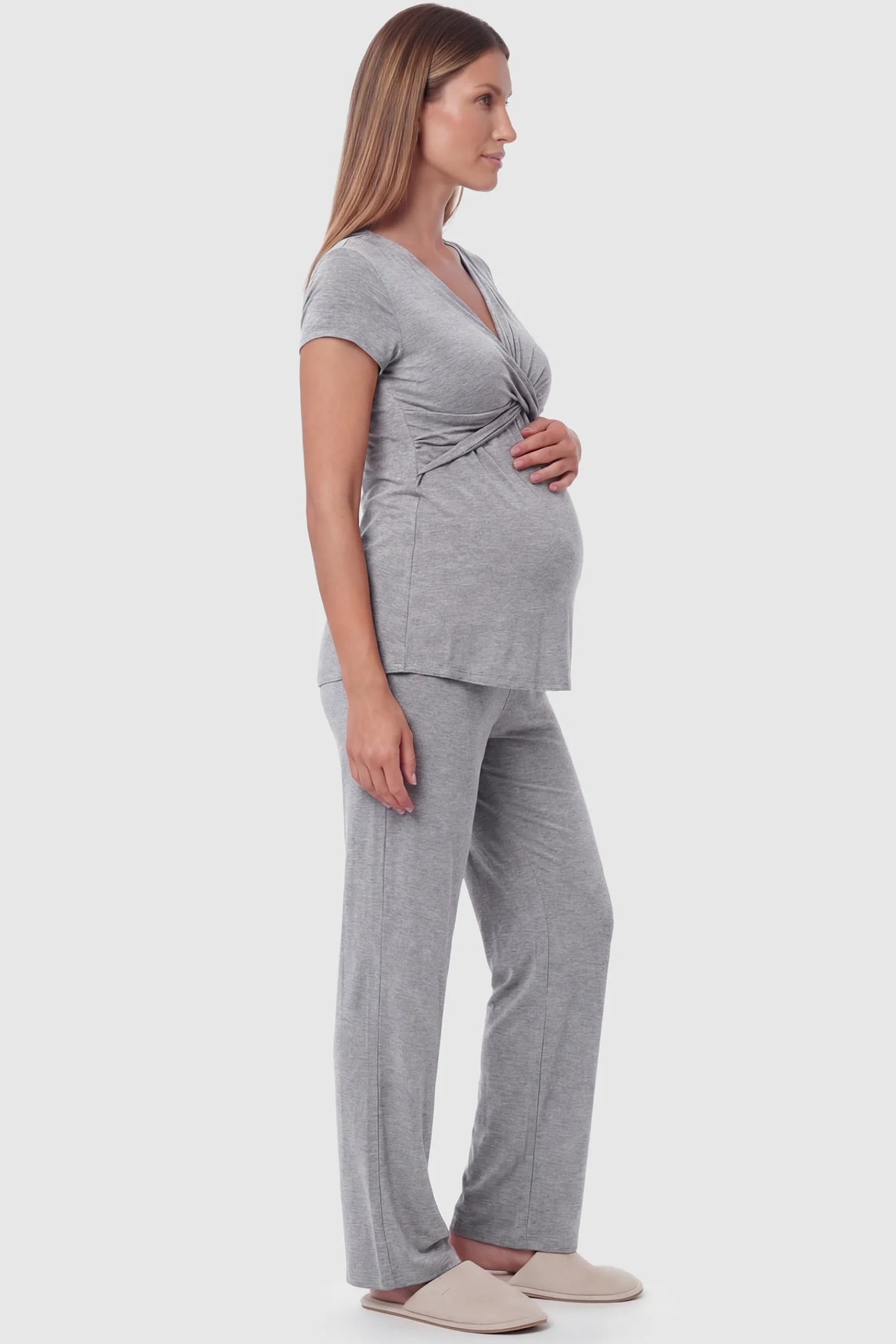 Wrap-Front Wide-Leg Maternity & Nursing Pajama Set Wrap-Front Wide-Leg Maternity & Nursing Pajama Set in light gray featuring V-neck crossover top and flowy wide-leg pants on pregnant model.