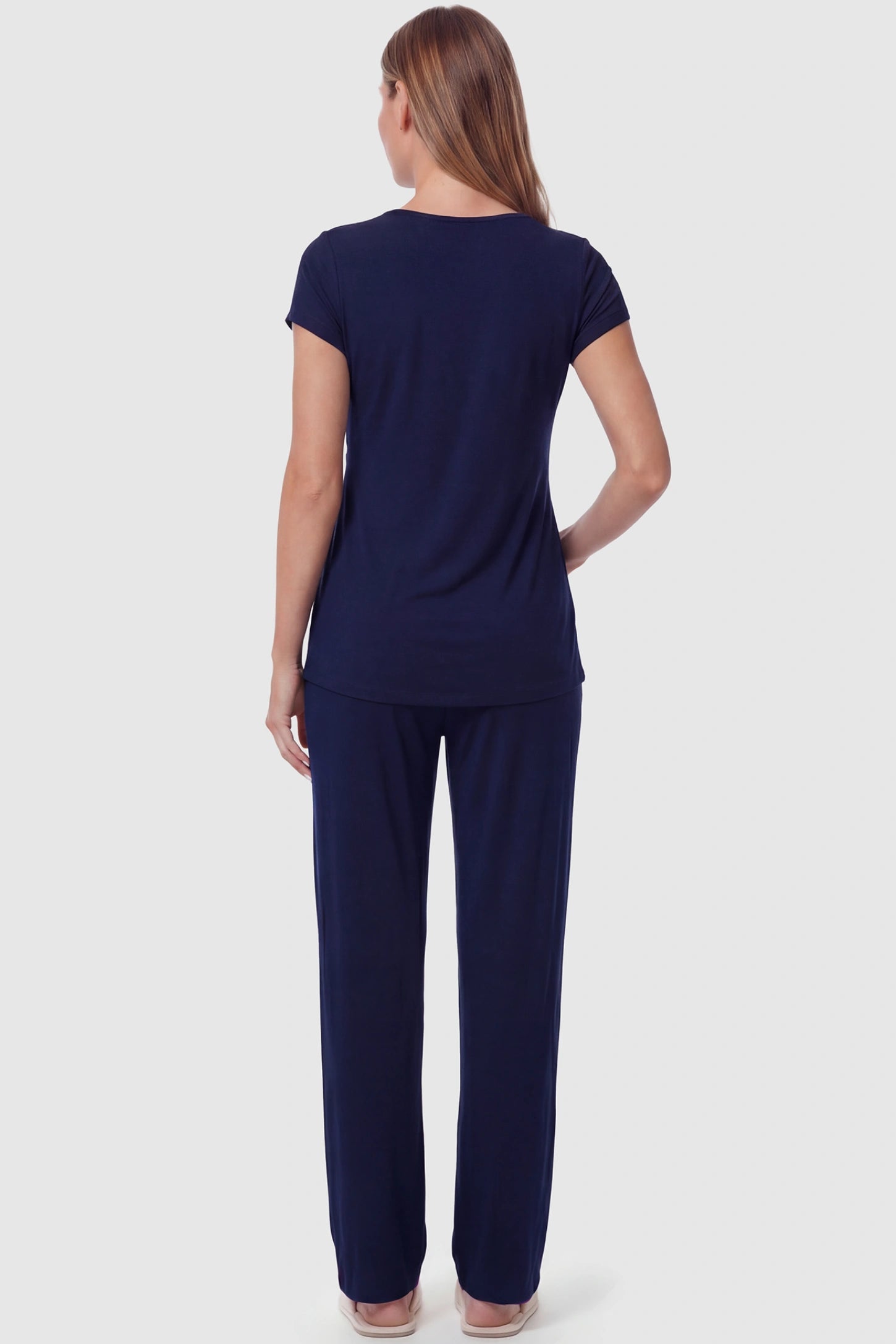 Wrap-Front Wide-Leg Maternity & Nursing Pajama Set Wrap-Front Wide-Leg Maternity & Nursing Pajama Set in navy blue featuring\ flowy wide-leg pants on pregnant model.