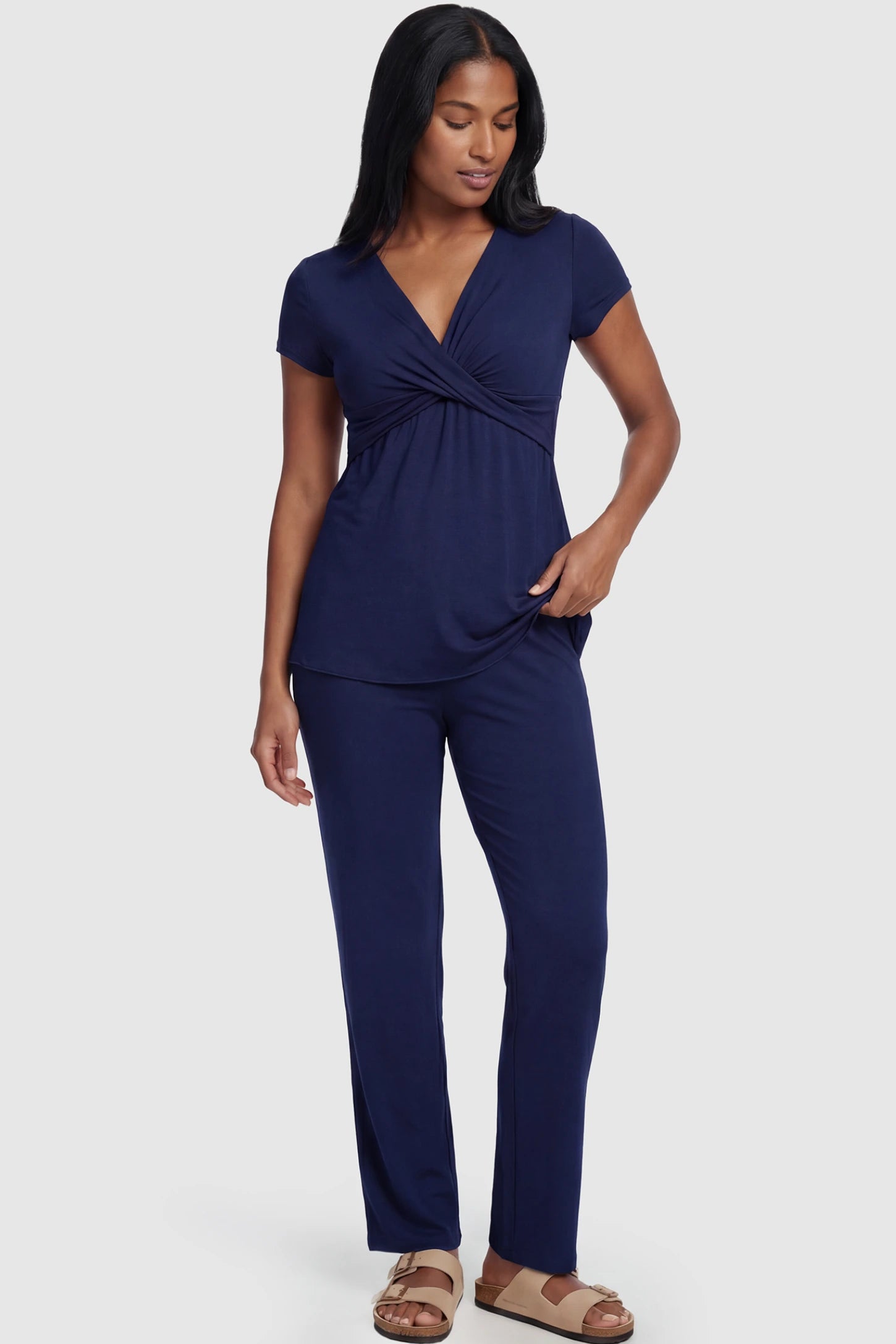 Wrap-Front Wide-Leg Maternity & Nursing Pajama Set Wrap-Front Wide-Leg Maternity & Nursing Pajama Set in navy blue featuring V-neck crossover top and flowy wide-leg pants on non pregnant model.
