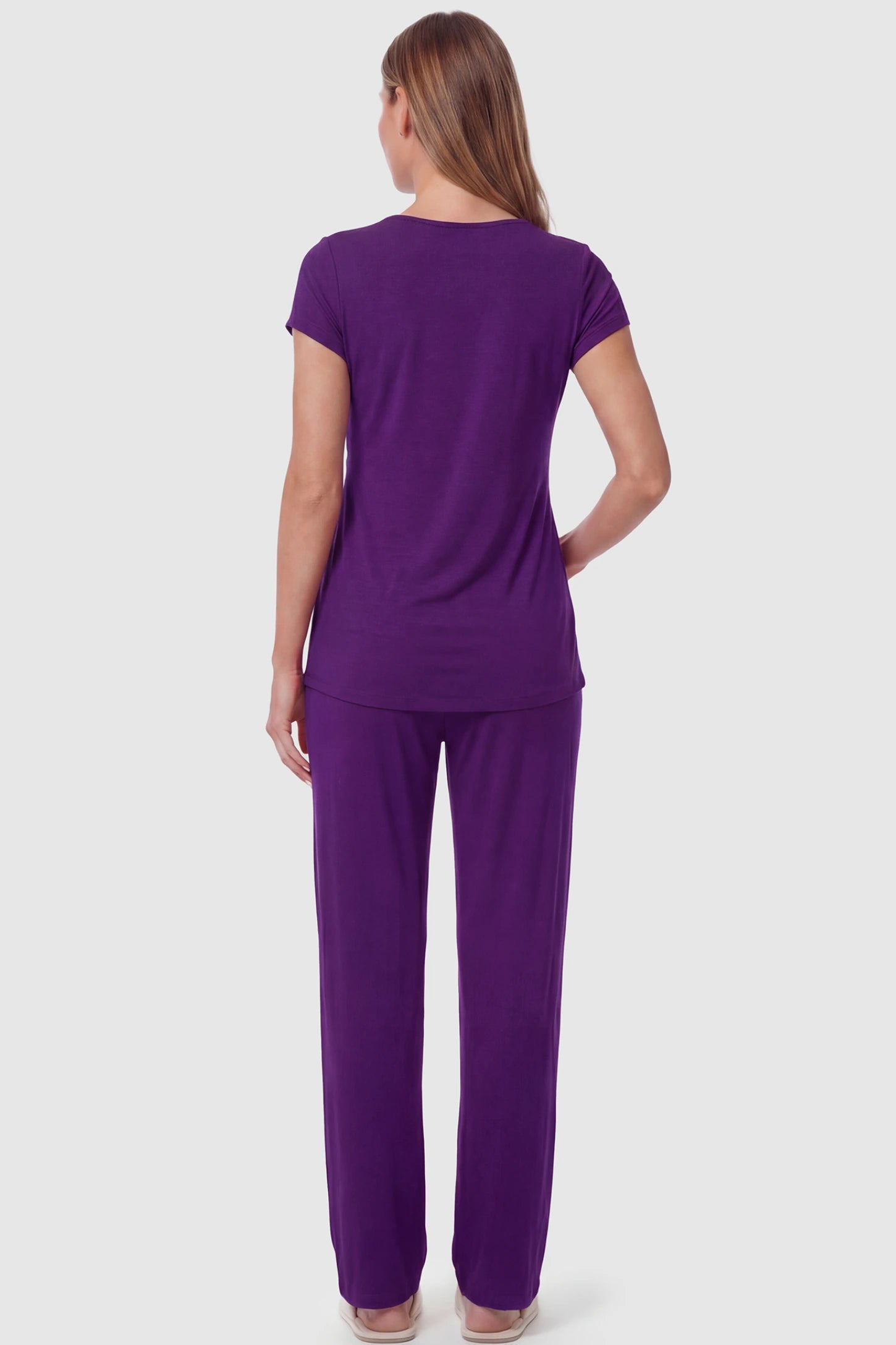 Wrap-Front Wide-Leg Maternity & Nursing Pajama Set Wrap-Front Wide-Leg Maternity & Nursing Pajama Set in purple featuring flowy wide-leg pants on pregnant model.