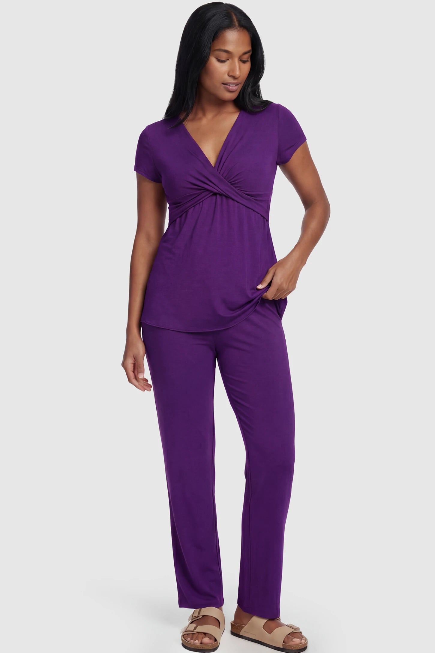 Wrap-Front Wide-Leg Maternity & Nursing Pajama Set Wrap-Front Wide-Leg Maternity & Nursing Pajama Set in purple featuring V-neck crossover top and flowy wide-leg pants on non pregnant model.