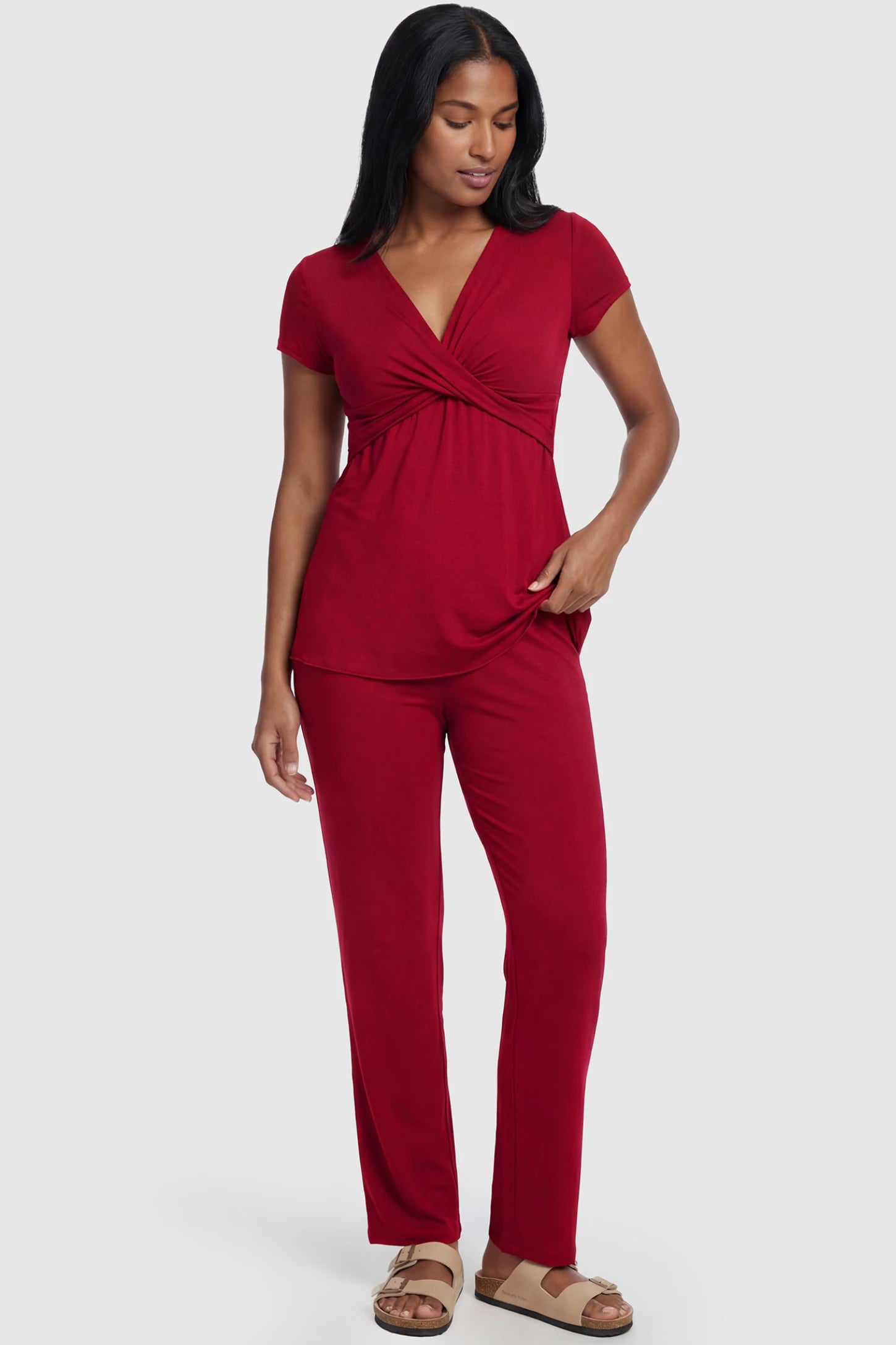 Wrap-Front Wide-Leg Maternity & Nursing Pajama Set Wrap-Front Wide-Leg Maternity & Nursing Pajama Set in red featuring V-neck crossover top and flowy wide-leg pants on non pregnant model.