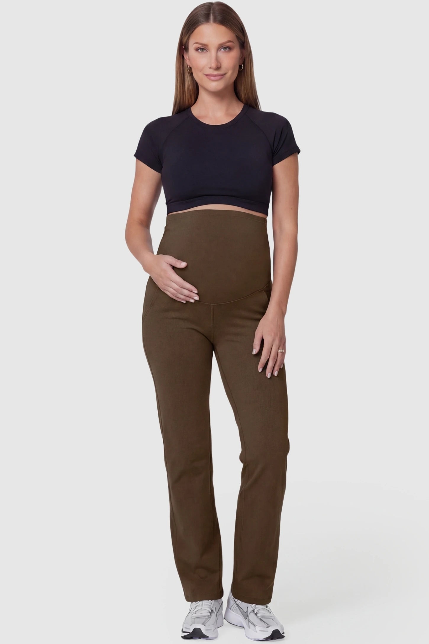 Suede-Finish High-Waisted Straight Leg Yoga Maternity Pants Suede-finish high-waisted straight leg yoga maternity pants in coffee with straight leg cut, full body on pregnant model