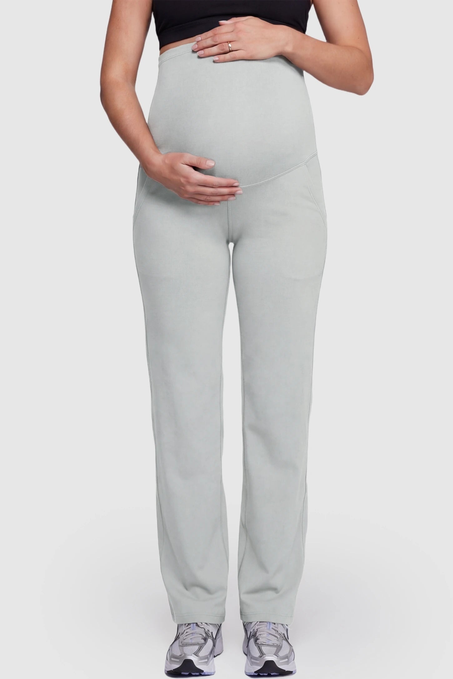 Suede-Finish High-Waisted Straight Leg Yoga Maternity Pants Suede-finish high-waisted straight leg yoga maternity pants in granny gray with belly support band, front view on pregnant model