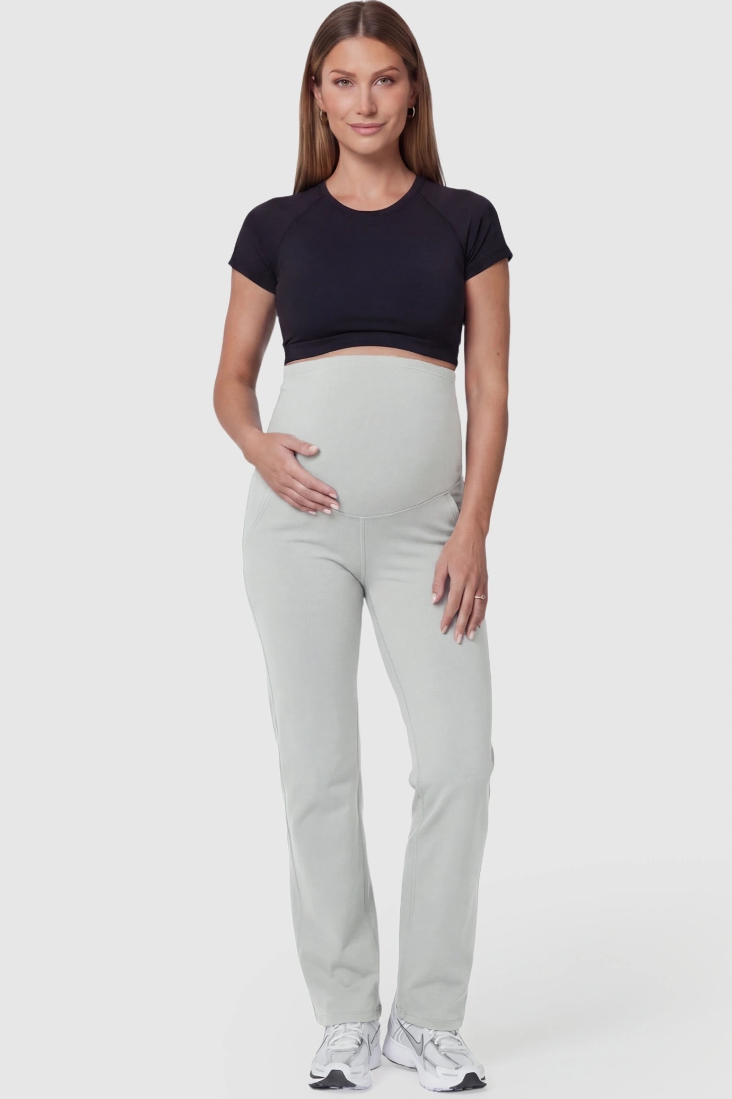 Suede-Finish High-Waisted Straight Leg Yoga Maternity Pants Suede-finish high-waisted straight leg yoga maternity pants in granny gray with straight leg cut, full body on pregnant model