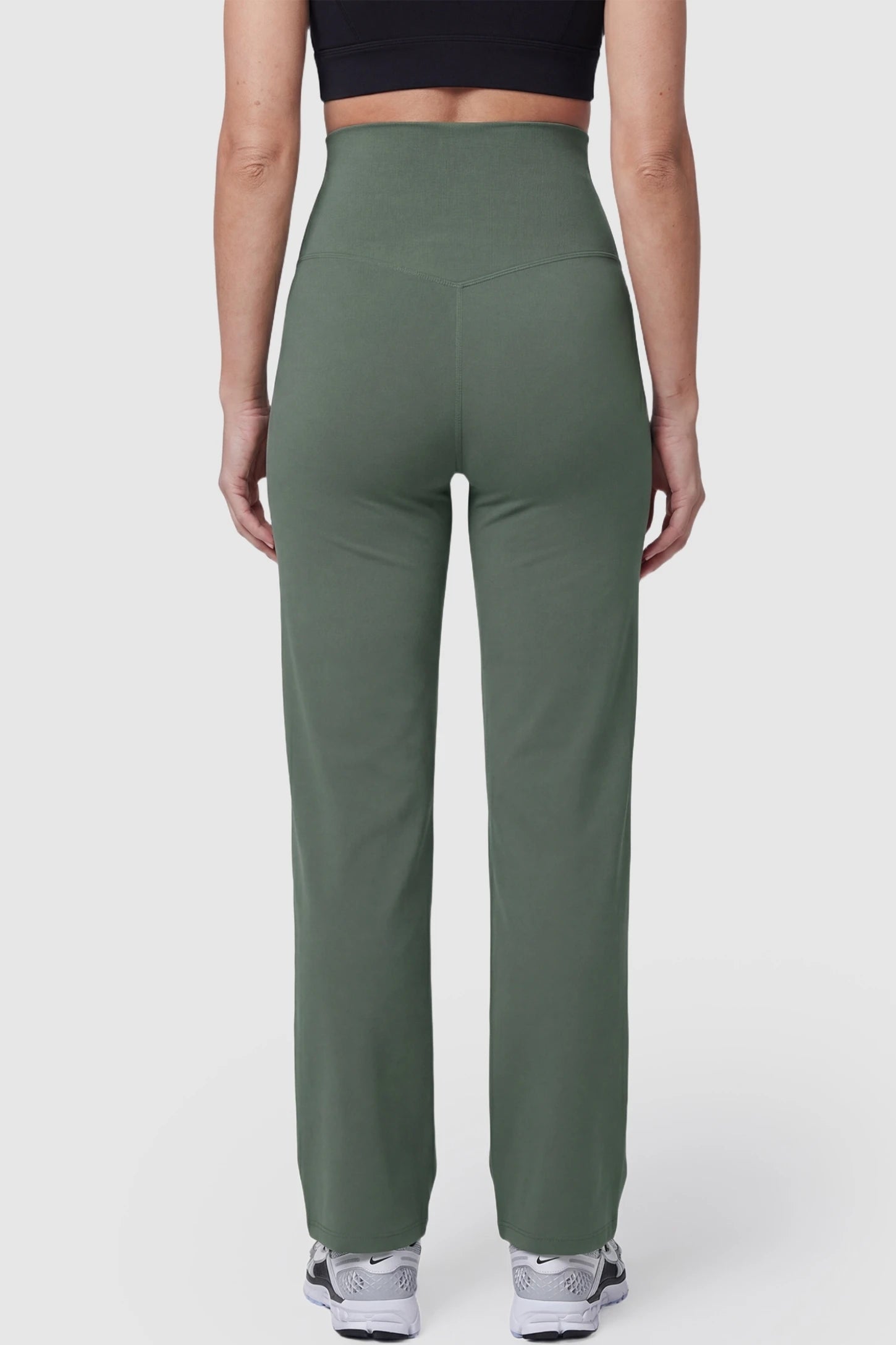 Suede-Finish High-Waisted Straight Leg Yoga Maternity Pants Suede-finish high-waisted straight leg yoga maternity pants in gray-green with straight-leg cut, back view on pregnant model