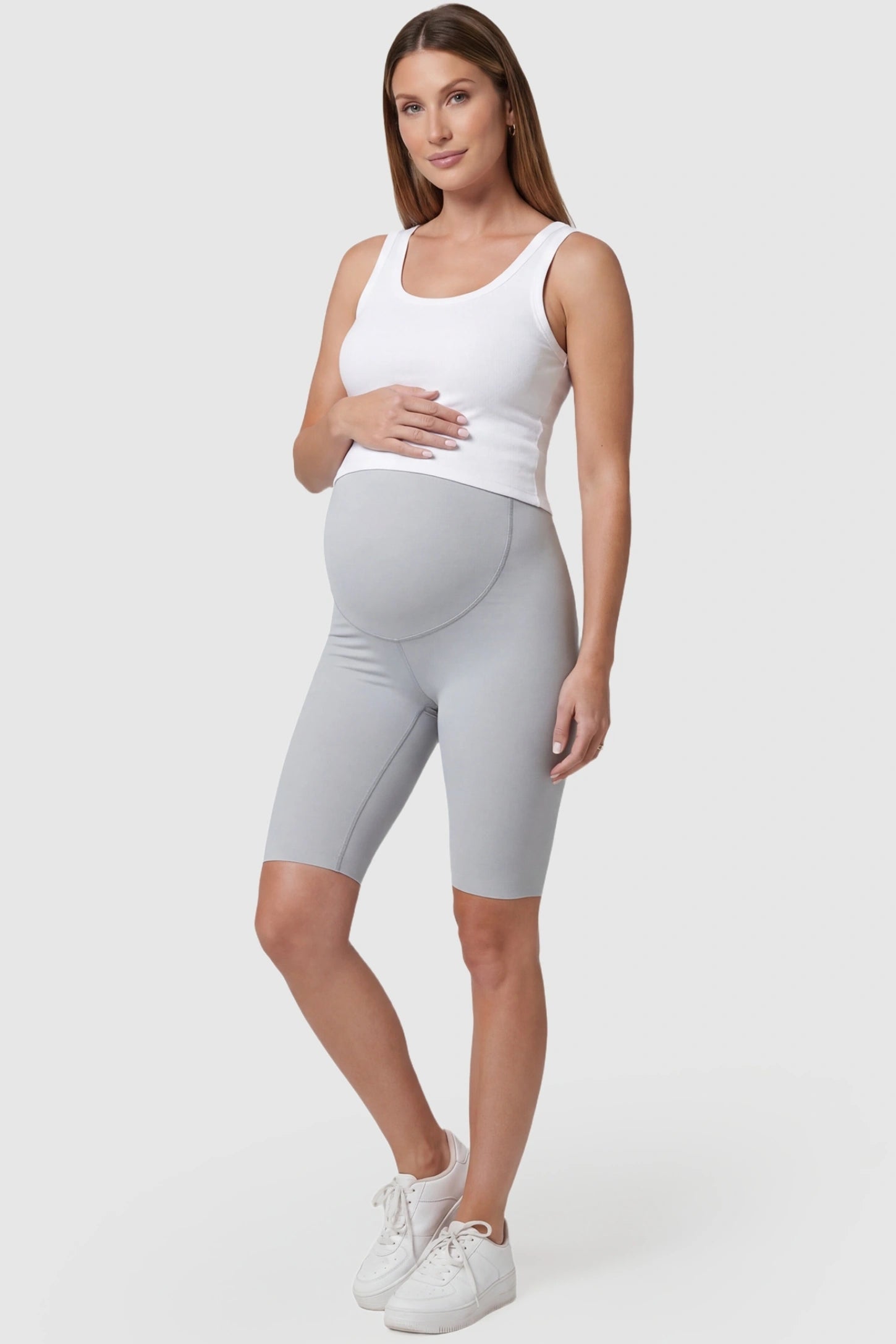 High-Waist Belly Support Slim Fit Shark Maternity Shorts High-waist belly support slim fit shark maternity shorts in light gray with slim silhouette, full body on pregnant model
