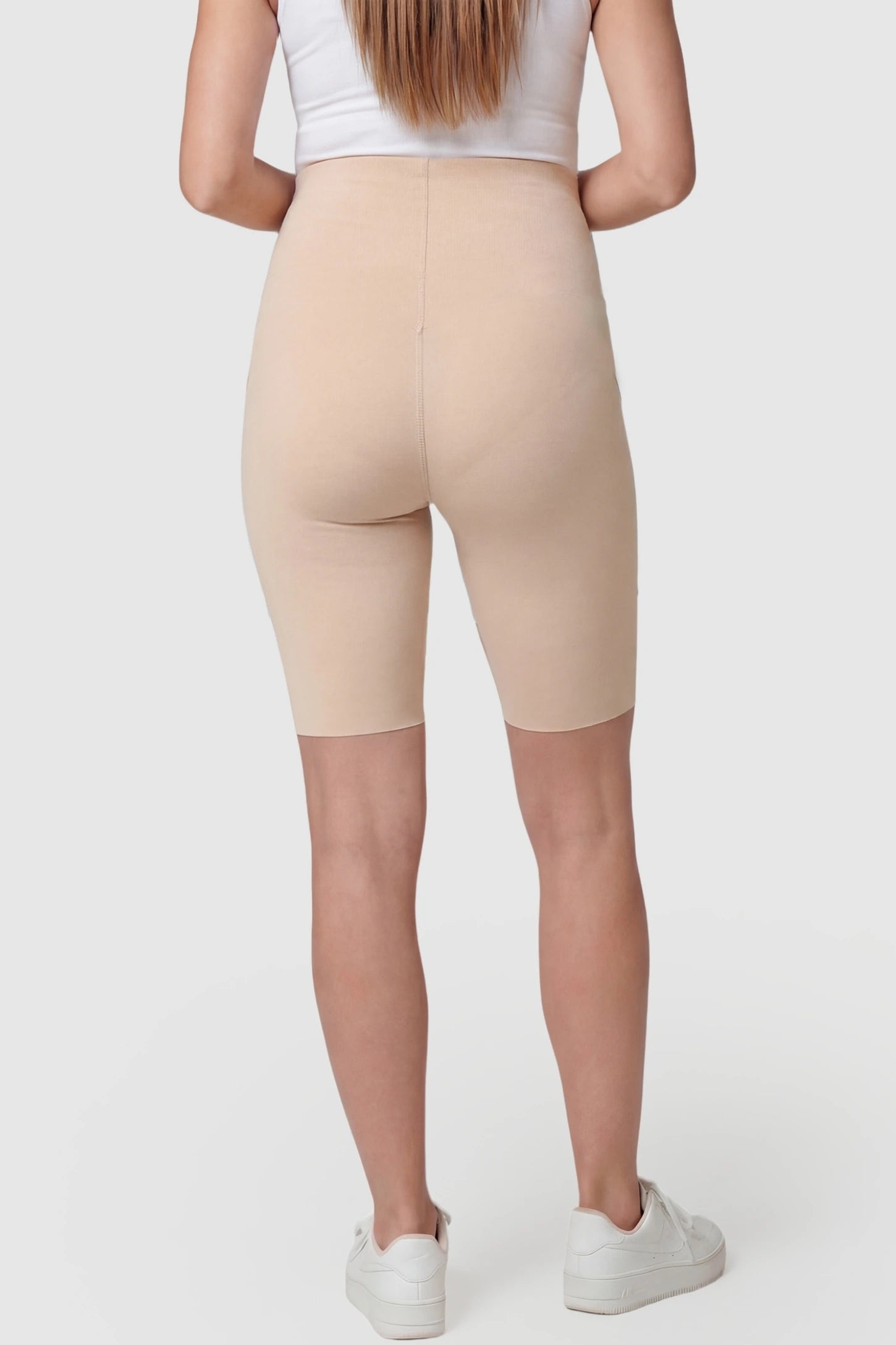 High-Waist Belly Support Slim Fit Shark Maternity Shorts High-waist belly support slim fit shark maternity shorts in skin tone with flexible fit, back view on pregnant model