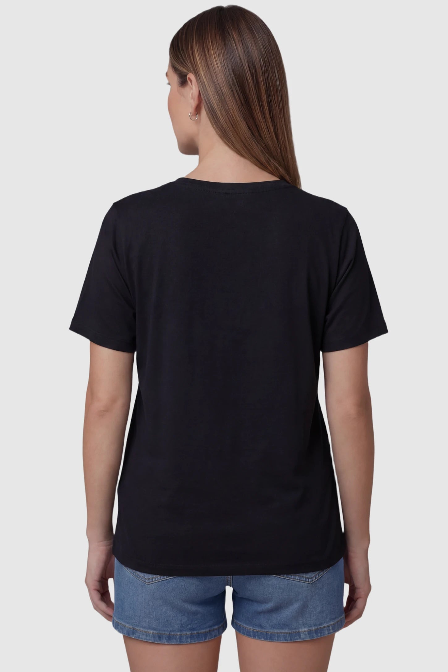 Double Layer Short Sleeve Maternity Nursing Top Double Layer Short Sleeve Maternity Nursing Top in Black featuring a standard straight hem back on a model back view.