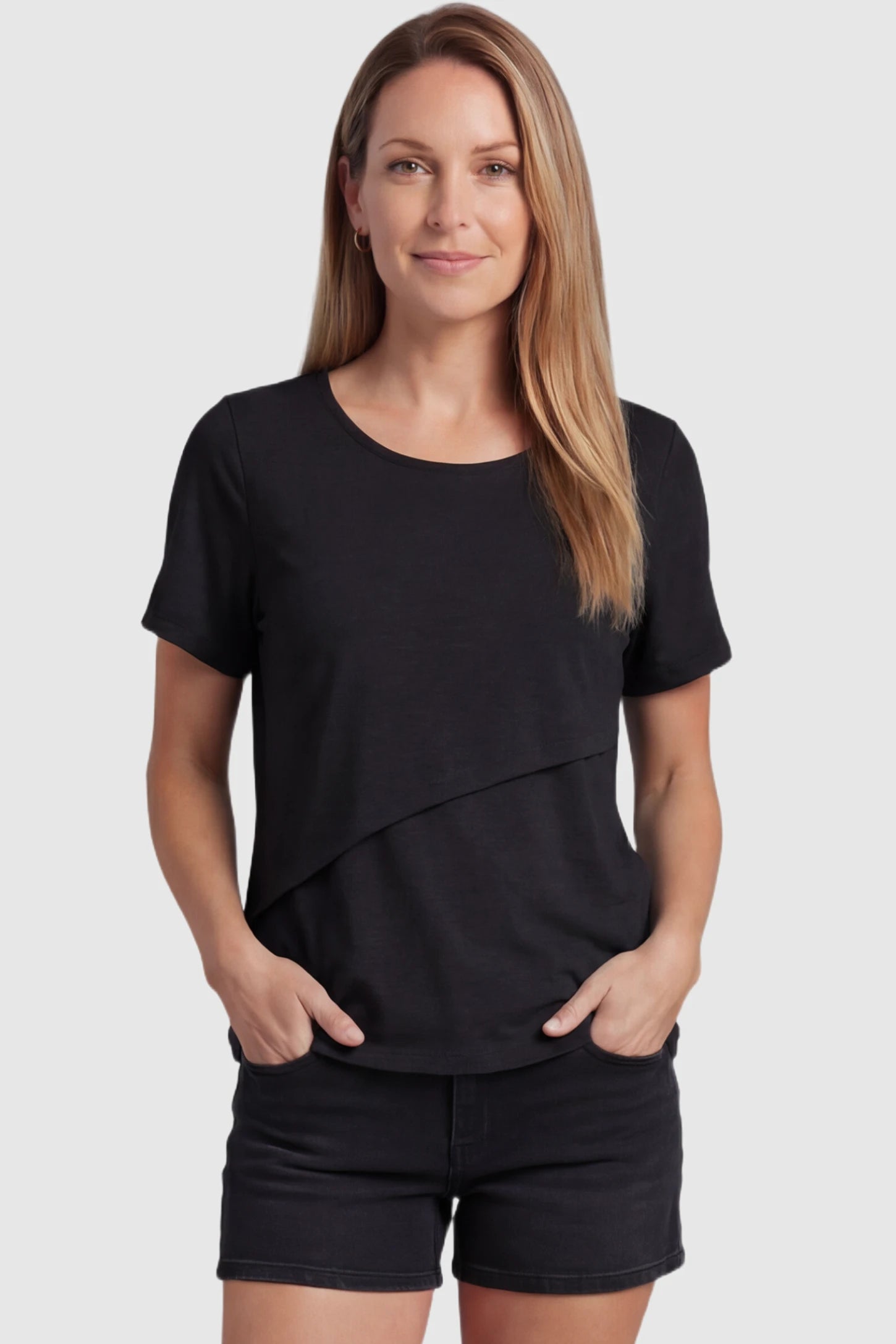 Double Layer Short Sleeve Maternity Nursing Top Double Layer Short Sleeve Maternity Nursing Top in Black featuring a discreet lift-up layer on a postpartum model front view.