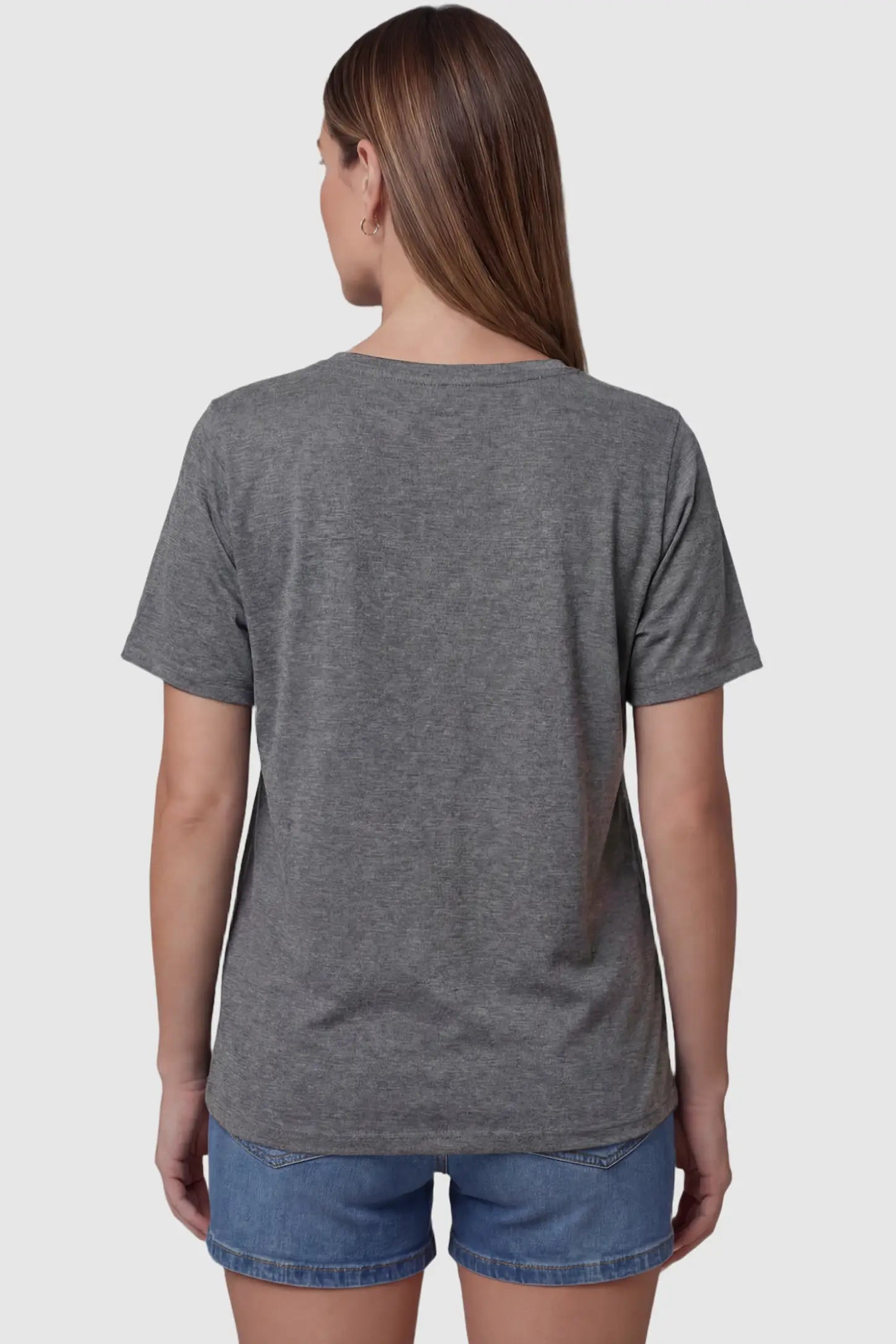 Double Layer Short Sleeve Maternity Nursing Top Double Layer Short Sleeve Maternity Nursing Top in Dark Gray featuring a standard straight hem back on a model back view.