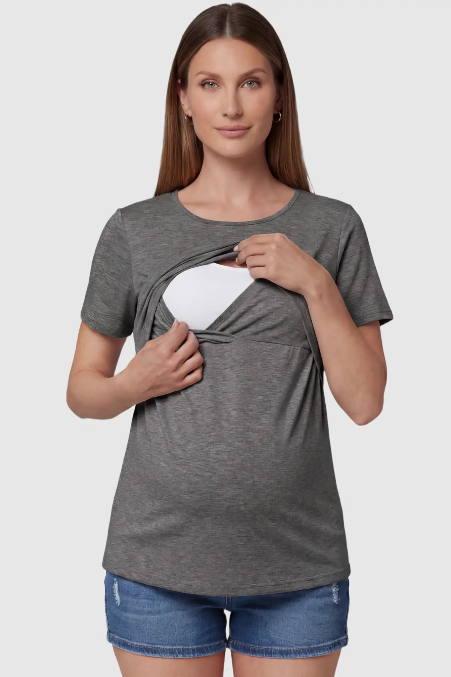 Double Layer Short Sleeve Maternity Nursing Top Double Layer Short Sleeve Maternity Nursing Top in Dark Gray featuring a discreet lift-up layer for breastfeeding access on a pregnant model front view.
