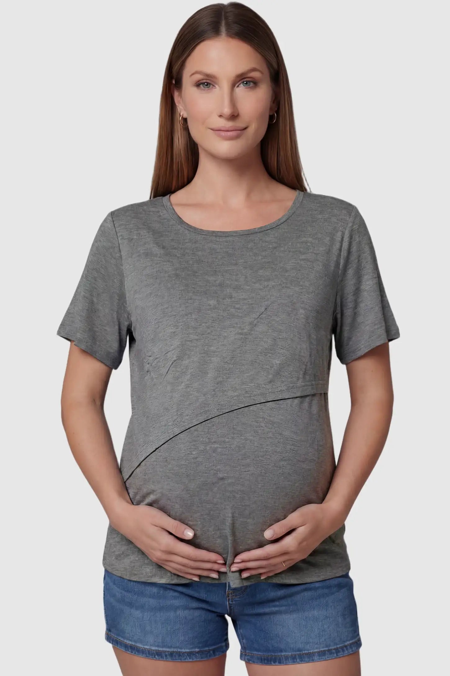 Double Layer Short Sleeve Maternity Nursing Top Double Layer Short Sleeve Maternity Nursing Top in Dark Gray featuring a discreet lift-up layer on a pregnant model front view.
