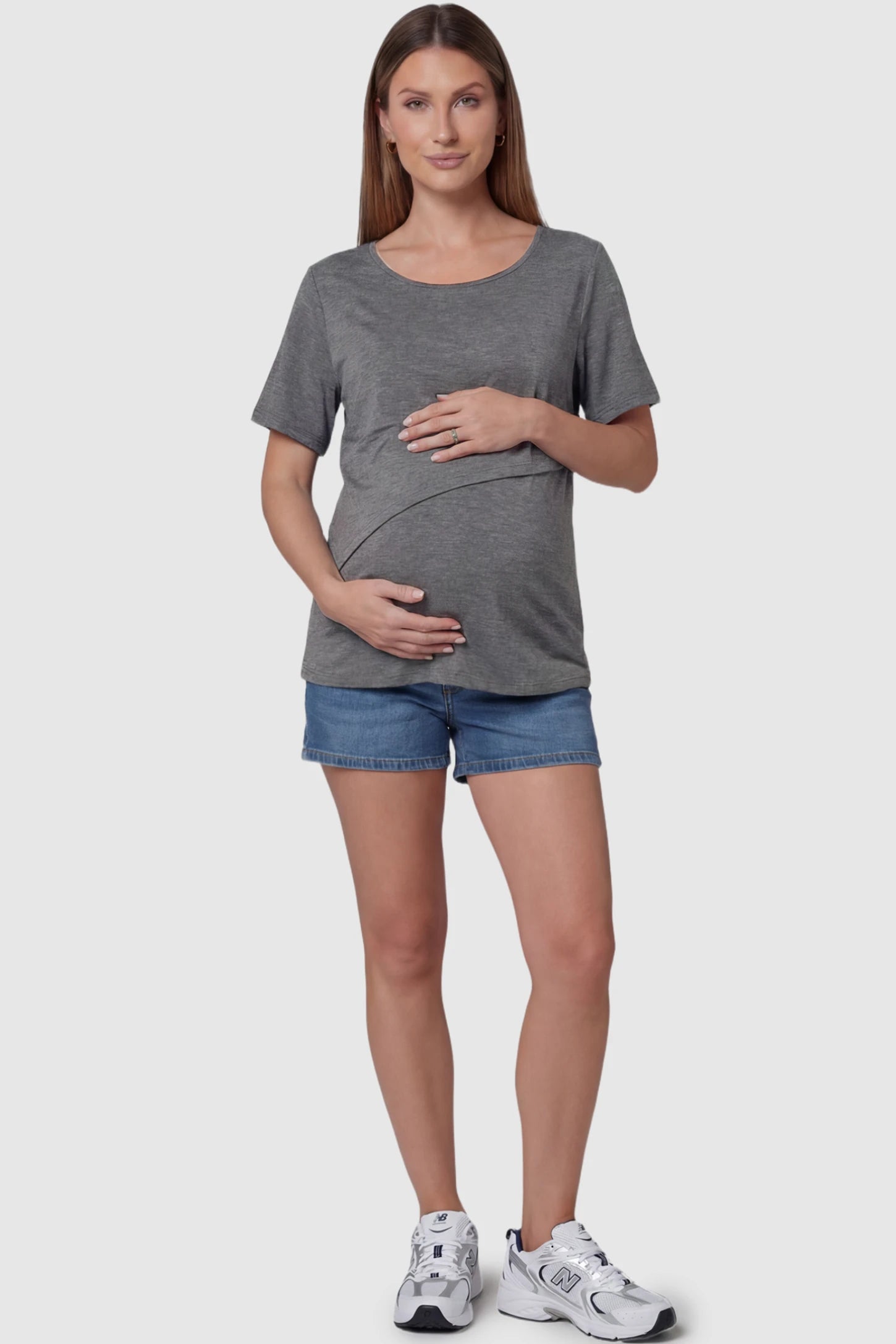 Double Layer Short Sleeve Maternity Nursing Top Double Layer Short Sleeve Maternity Nursing Top in Dark Gray featuring a discreet lift-up layer on a pregnant model full body view.