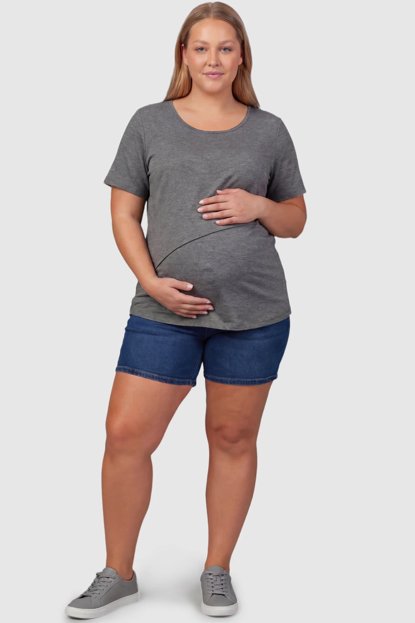 Double Layer Short Sleeve Maternity Nursing Top Double Layer Short Sleeve Maternity Nursing Top in Dark Gray featuring a discreet lift-up layer on a plus size pregnant model front view.