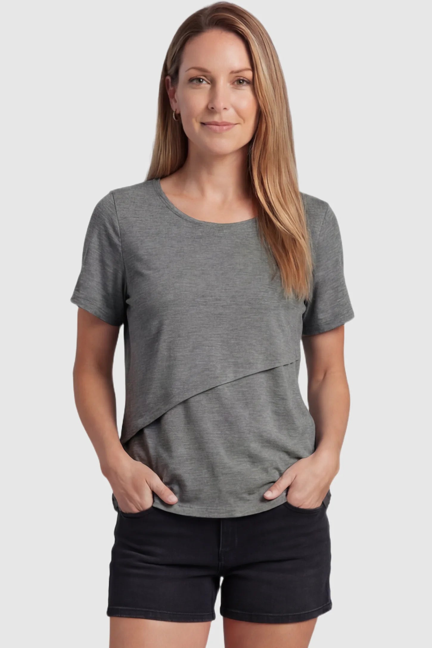 Double Layer Short Sleeve Maternity Nursing Top Double Layer Short Sleeve Maternity Nursing Top in Dark Gray featuring a discreet lift-up layer on a postpartum model front view.