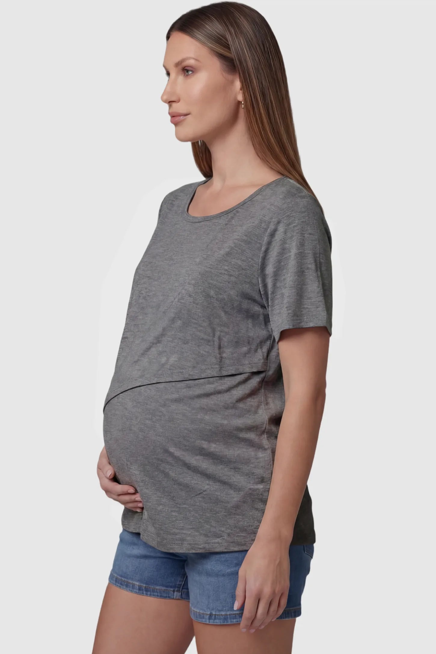Double Layer Short Sleeve Maternity Nursing Top Double Layer Short Sleeve Maternity Nursing Top in Dark Gray featuring a discreet lift-up layer on a pregnant model side view.