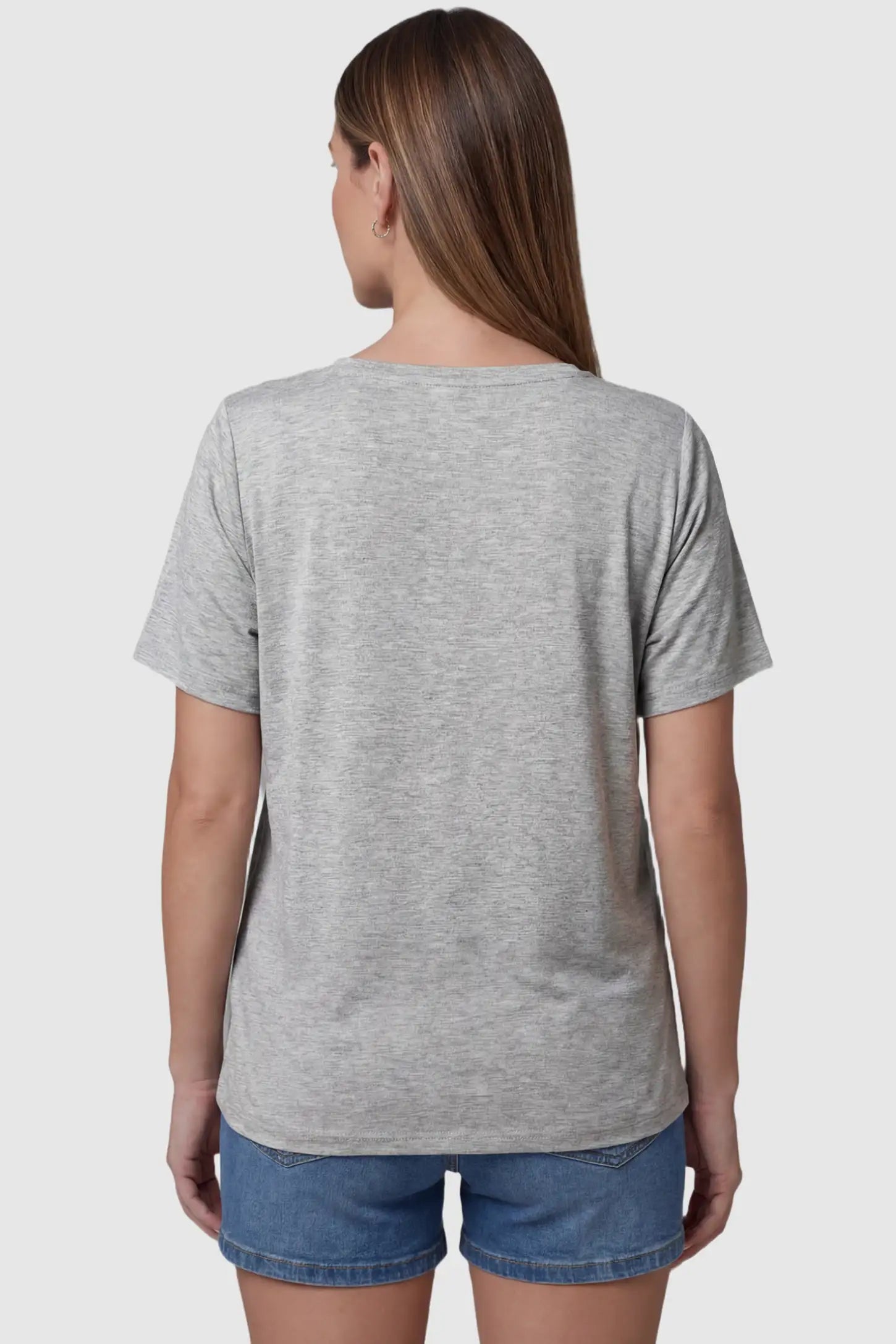 Double Layer Short Sleeve Maternity Nursing Top Double Layer Short Sleeve Maternity Nursing Top in Light Gray featuring a standard straight hem back on a model back view.