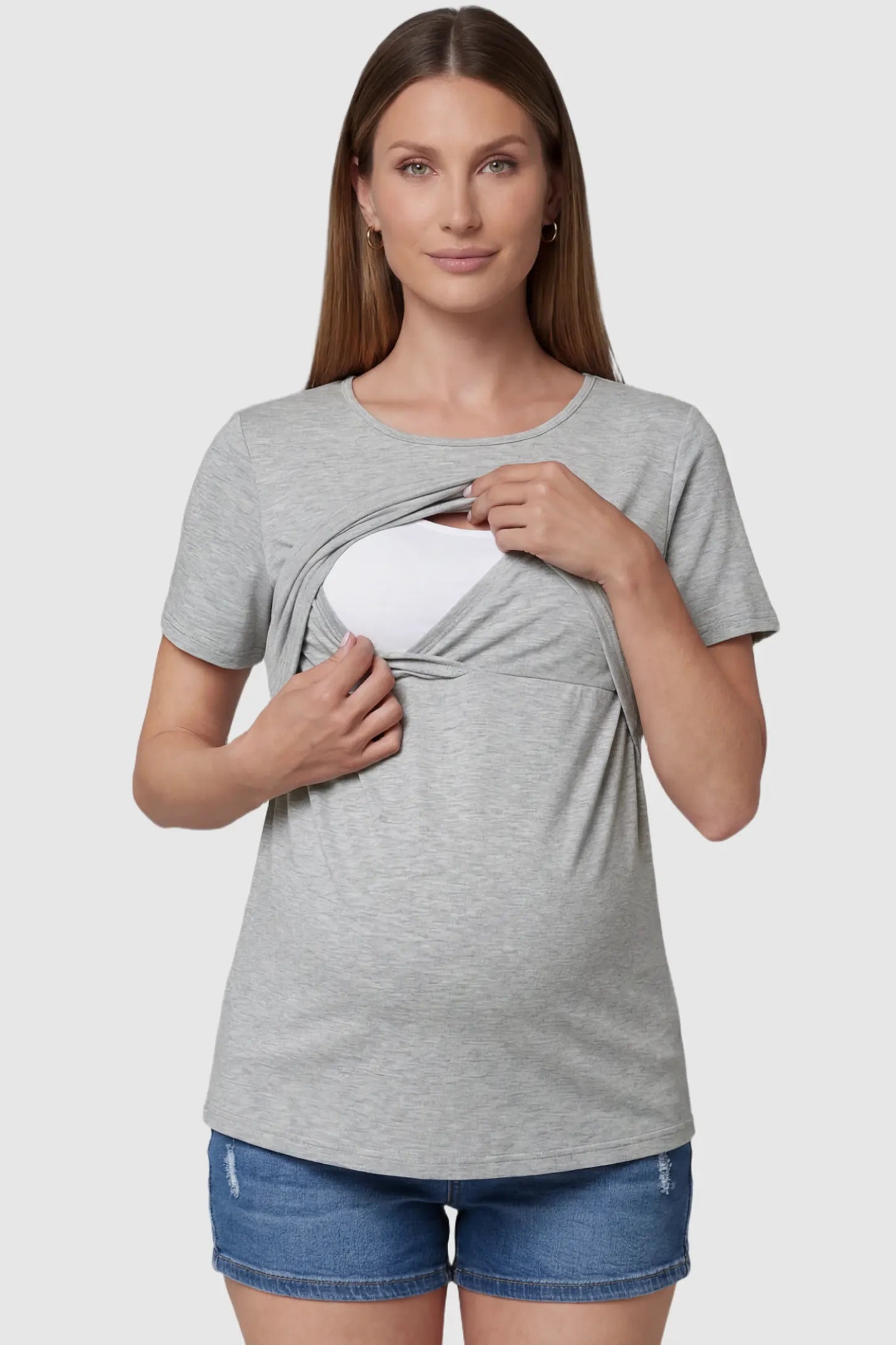 Double Layer Short Sleeve Maternity Nursing Top Double Layer Short Sleeve Maternity Nursing Top in Light Gray featuring a discreet lift-up layer for breastfeeding access on a pregnant model front view.