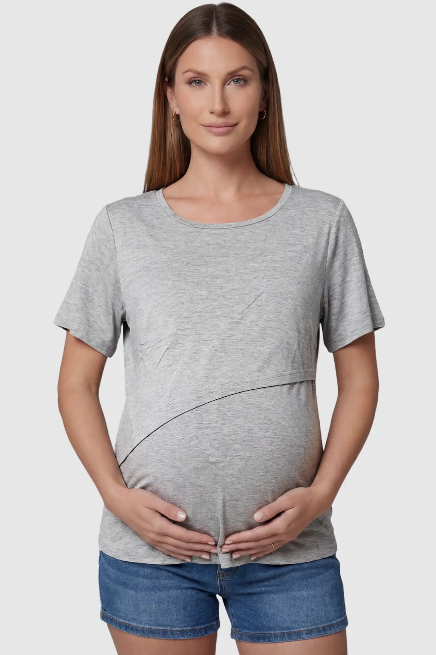 Double Layer Short Sleeve Maternity Nursing Top Double Layer Short Sleeve Maternity Nursing Top in Light Gray featuring a discreet lift-up layer on a pregnant model front view.