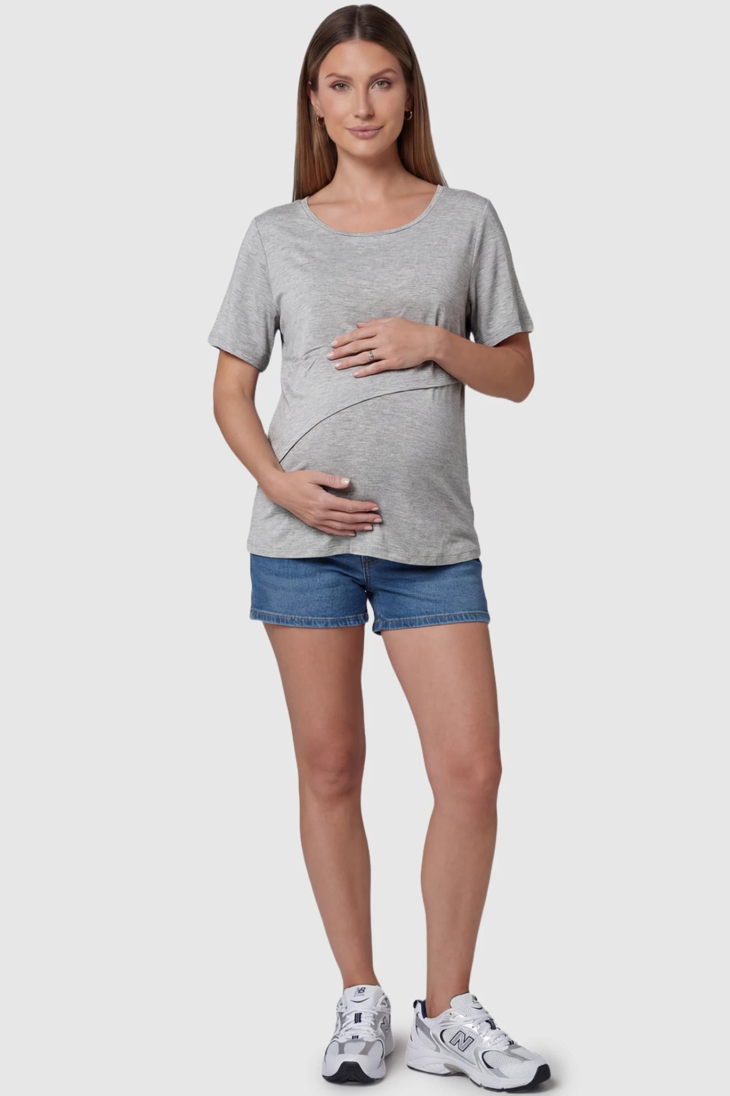 Double Layer Short Sleeve Maternity Nursing Top Double Layer Short Sleeve Maternity Nursing Top in Light Gray featuring a discreet lift-up layer on a pregnant model full body view.