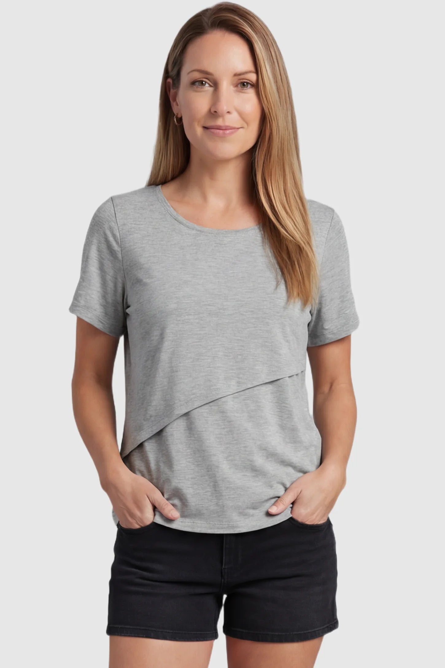 Double Layer Short Sleeve Maternity Nursing Top Double Layer Short Sleeve Maternity Nursing Top in Light Gray featuring a discreet lift-up layer on a postpartum model front view.