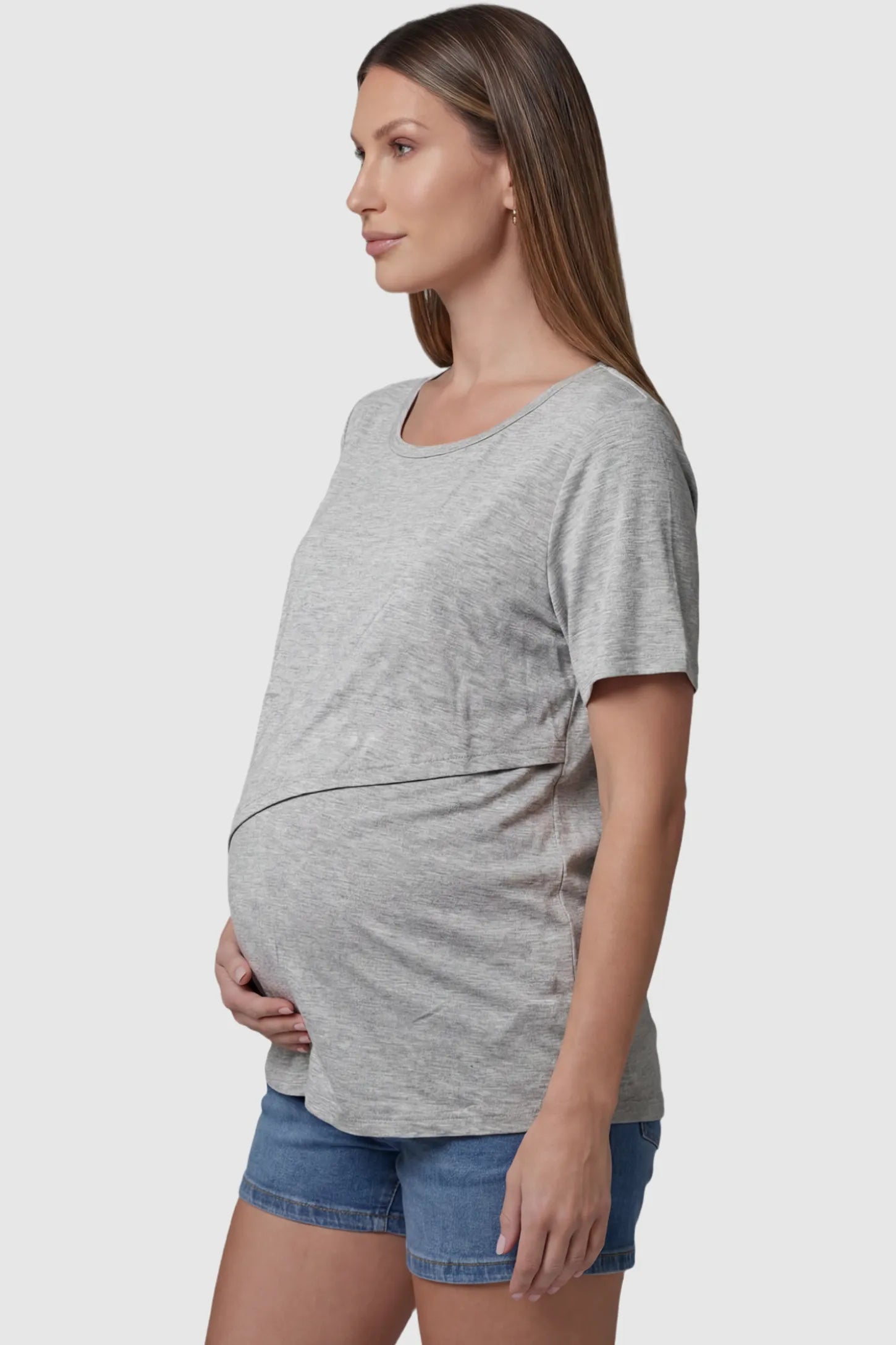 Double Layer Short Sleeve Maternity Nursing Top Double Layer Short Sleeve Maternity Nursing Top in Light Gray featuring a discreet lift-up layer on a pregnant model side view.