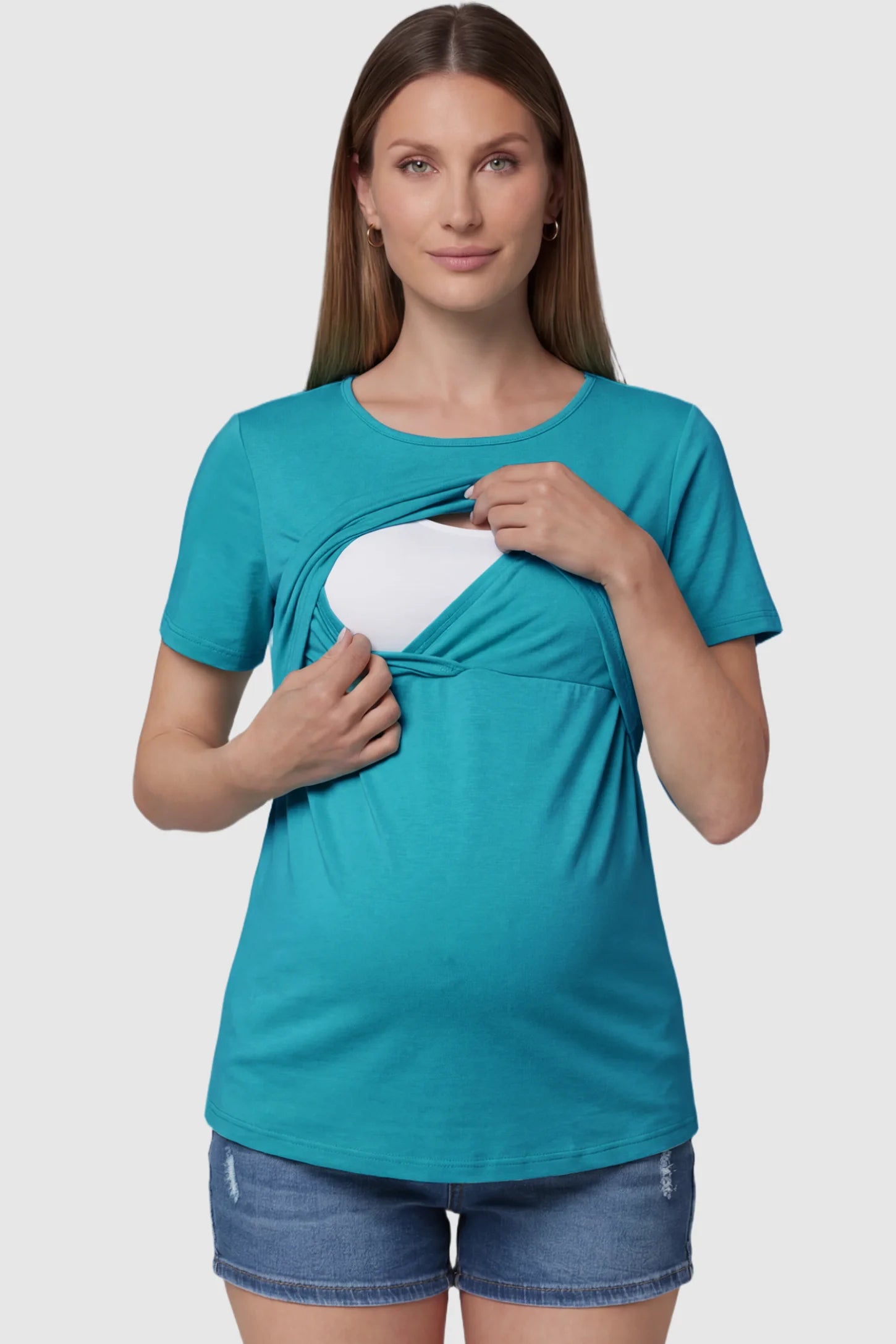 Double Layer Short Sleeve Maternity Nursing Top Double Layer Short Sleeve Maternity Nursing Top in Navy Blue featuring a discreet lift-up layer for breastfeeding access on a pregnant model front view.