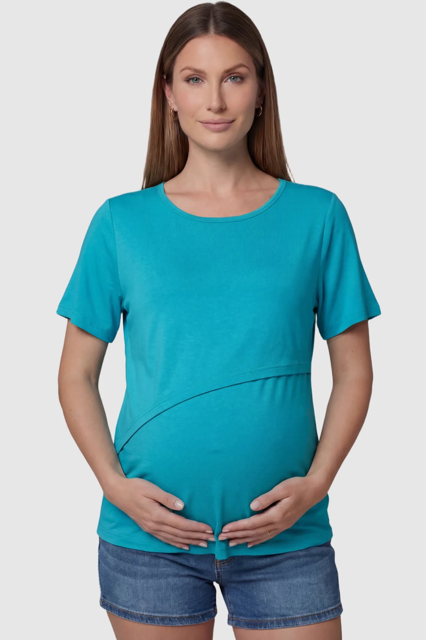 Double Layer Short Sleeve Maternity Nursing Top in Navy Blue featuring a discreet lift-up layer on a pregnant model front view.