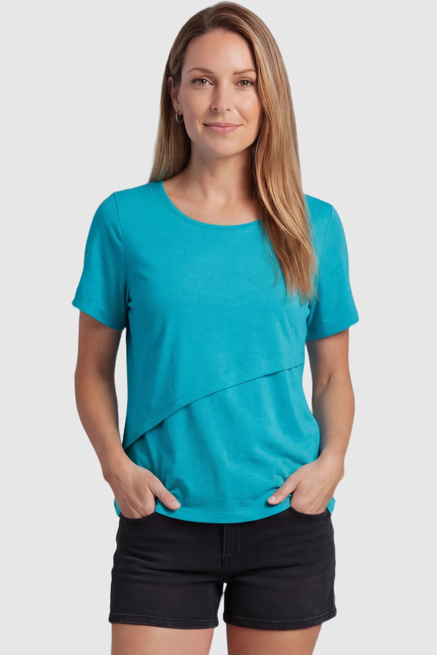 Double Layer Short Sleeve Maternity Nursing Top Double Layer Short Sleeve Maternity Nursing Top in Navy Blue featuring a discreet lift-up layer on a postpartum model front view.