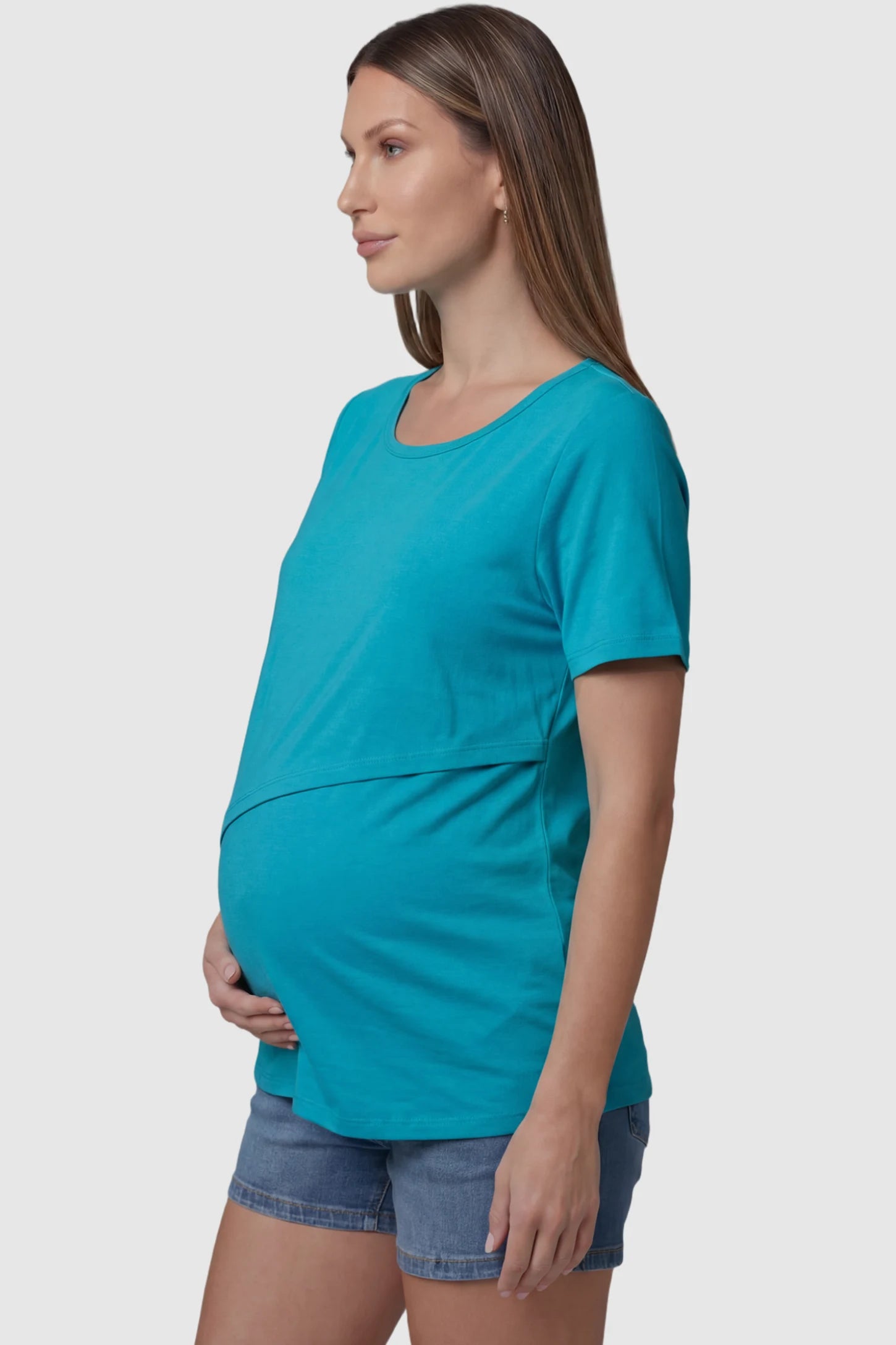Double Layer Short Sleeve Maternity Nursing Top in Navy Blue featuring a discreet lift-up layer on a pregnant model side view.