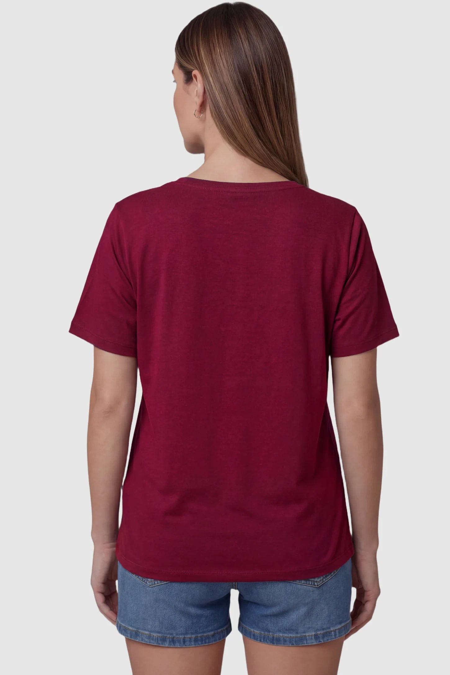 Double Layer Short Sleeve Maternity Nursing Top Double Layer Short Sleeve Maternity Nursing Top in Wine Red featuring a standard straight hem back on a model back view.