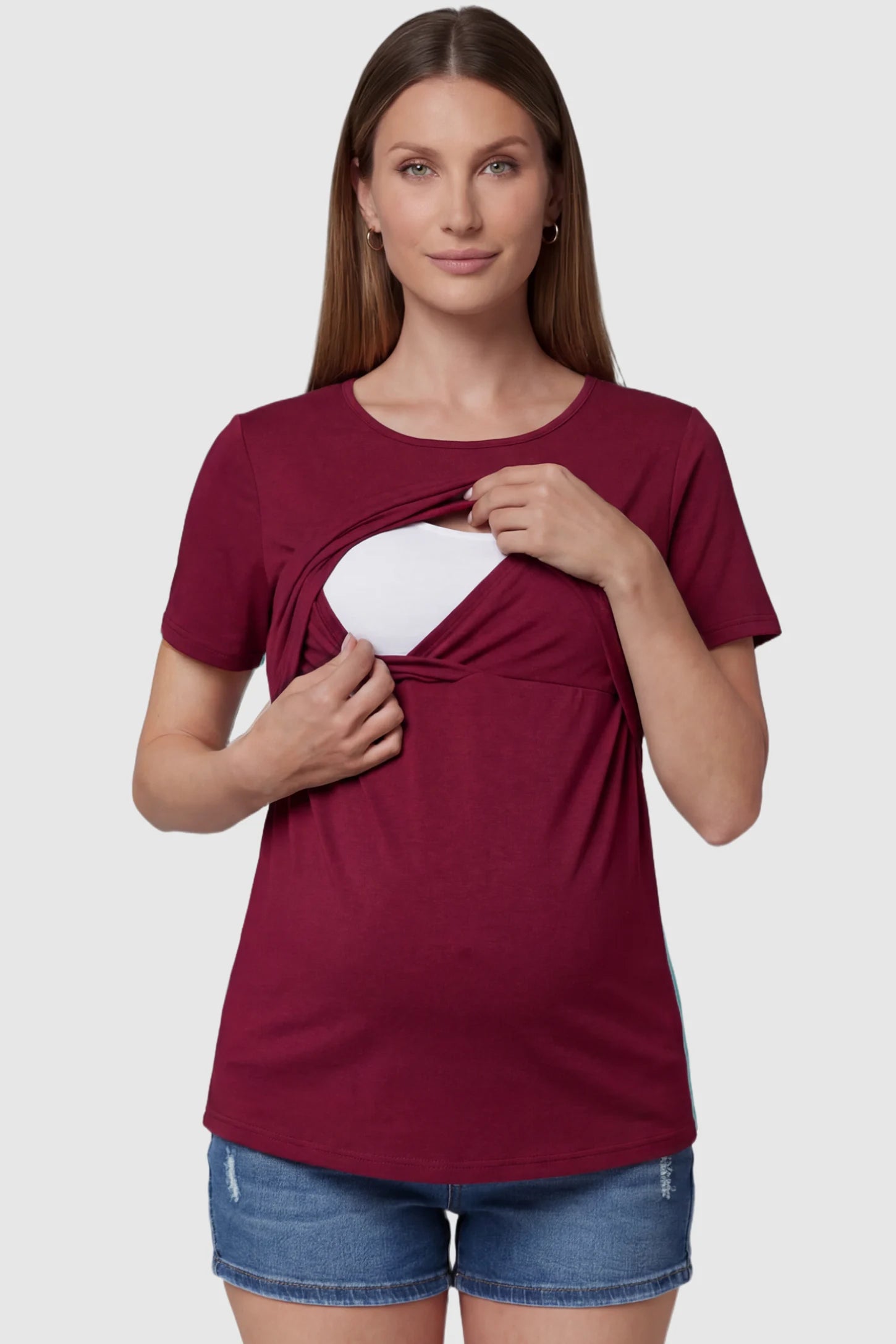 Double Layer Short Sleeve Maternity Nursing Top Double Layer Short Sleeve Maternity Nursing Top in Wine Red featuring a discreet lift-up layer for breastfeeding access on a pregnant model front view.