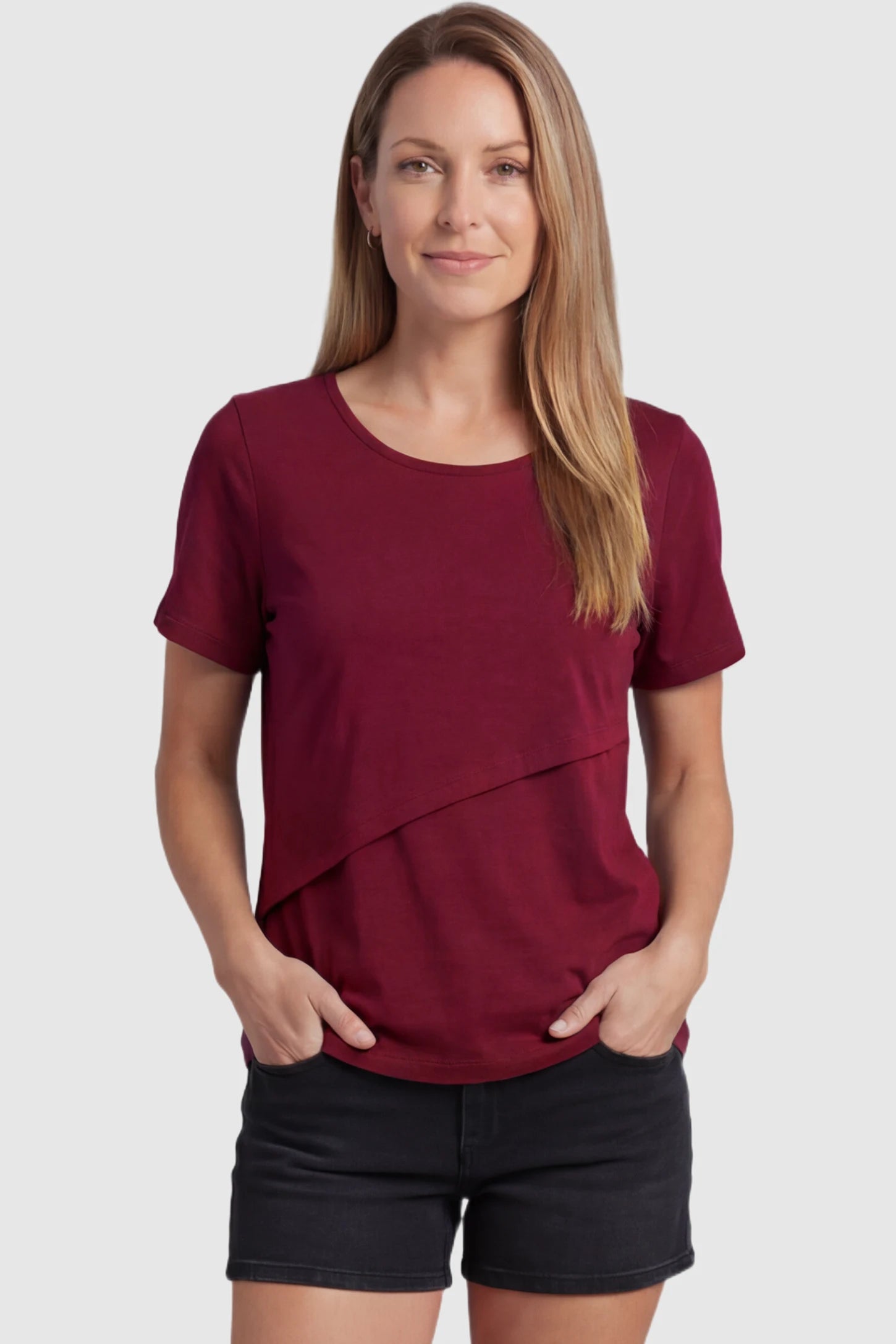 Double Layer Short Sleeve Maternity Nursing Top Double Layer Short Sleeve Maternity Nursing Top in Wine Red featuring a discreet lift-up layer on a postpartum model front view.