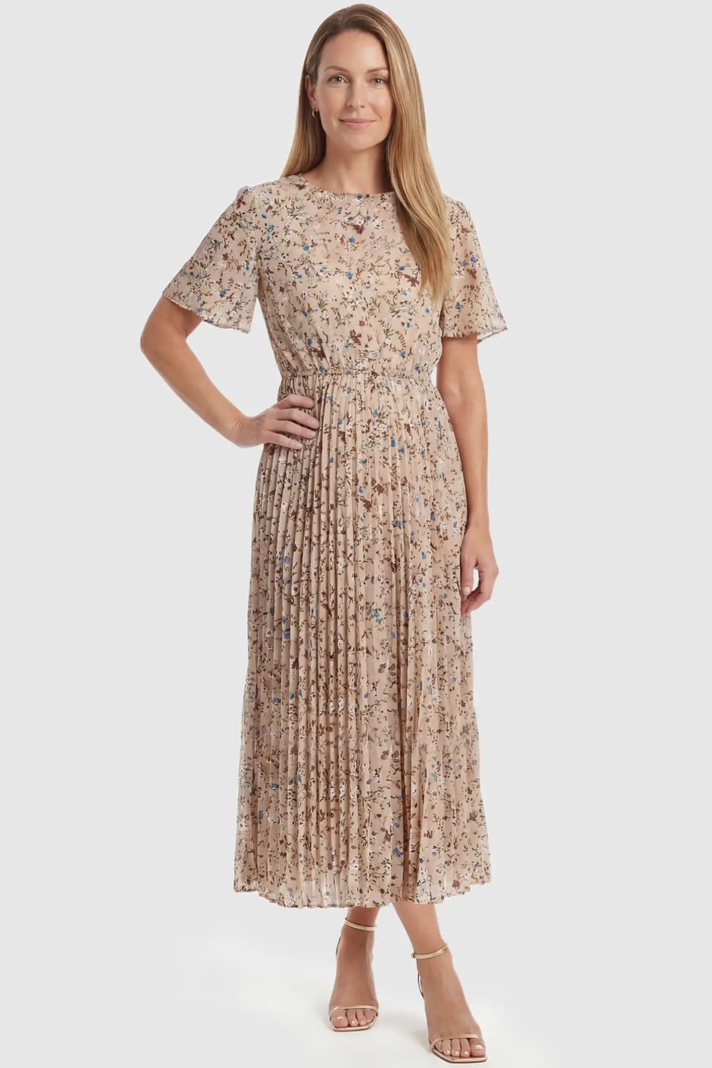 Floral Print Round Neck Pleated Maternity Midi Dress Floral Print Round Neck Pleated Maternity Midi Dress in Beige Floral Print featuring a pleated A-line skirt on a postpartum model, front view.