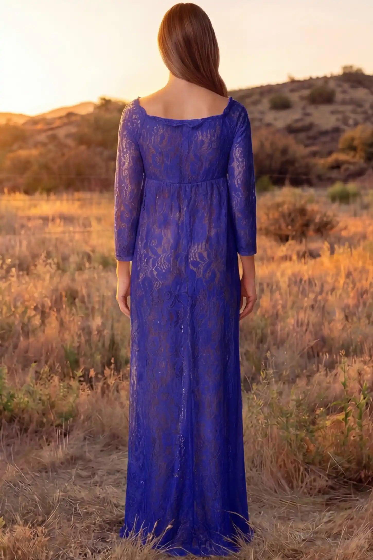 Lace Long Sleeve Maternity Photoshoot Dress Lace Long Sleeve Maternity Gown in blue featuring scalloped lace trim neckline on pregnant model showing back view.