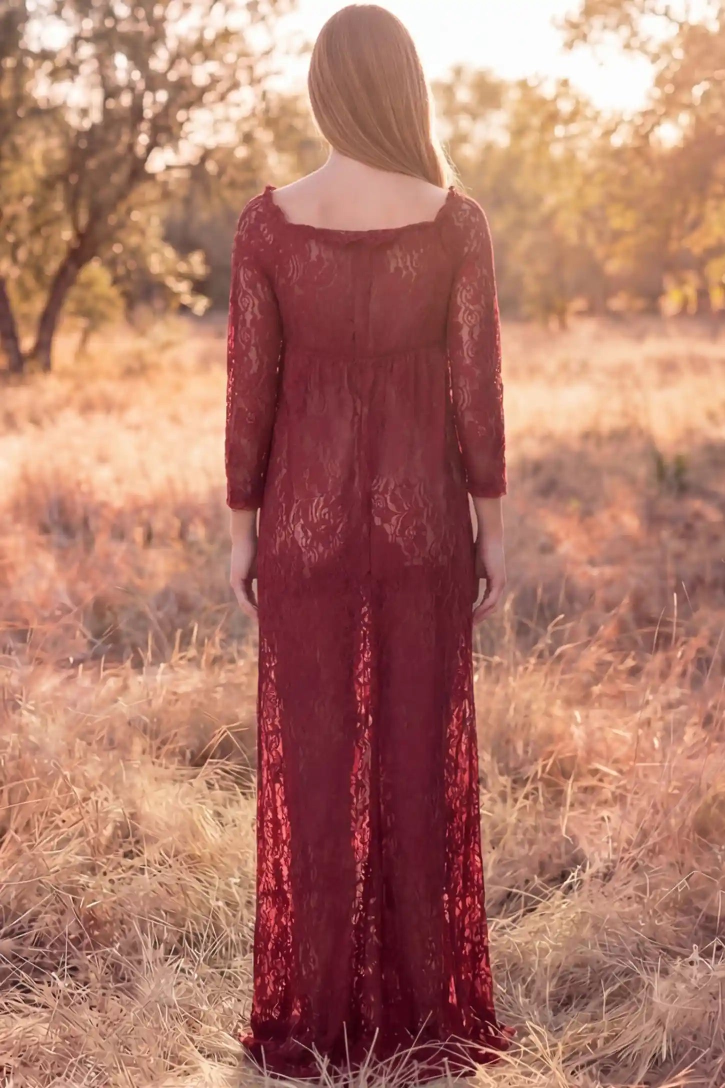 Lace Long Sleeve Maternity Photoshoot Dress Lace Long Sleeve Maternity Gown in burgundy featuring scalloped lace trim neckline on pregnant model showing back view.