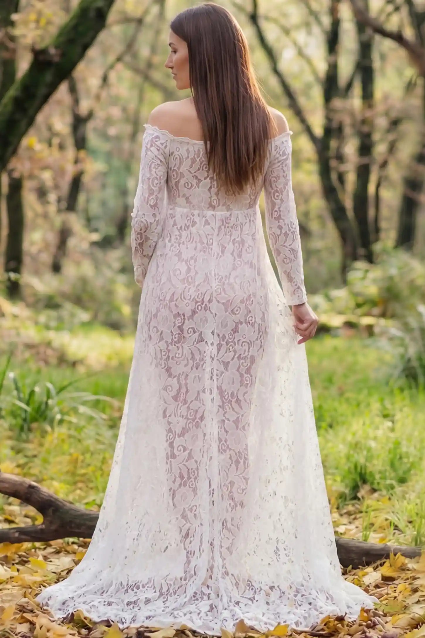 Lace Long Sleeve Maternity Photoshoot Dress Lace Long Sleeve Maternity Gown in white featuring scalloped lace trim neckline on pregnant model showing back view.