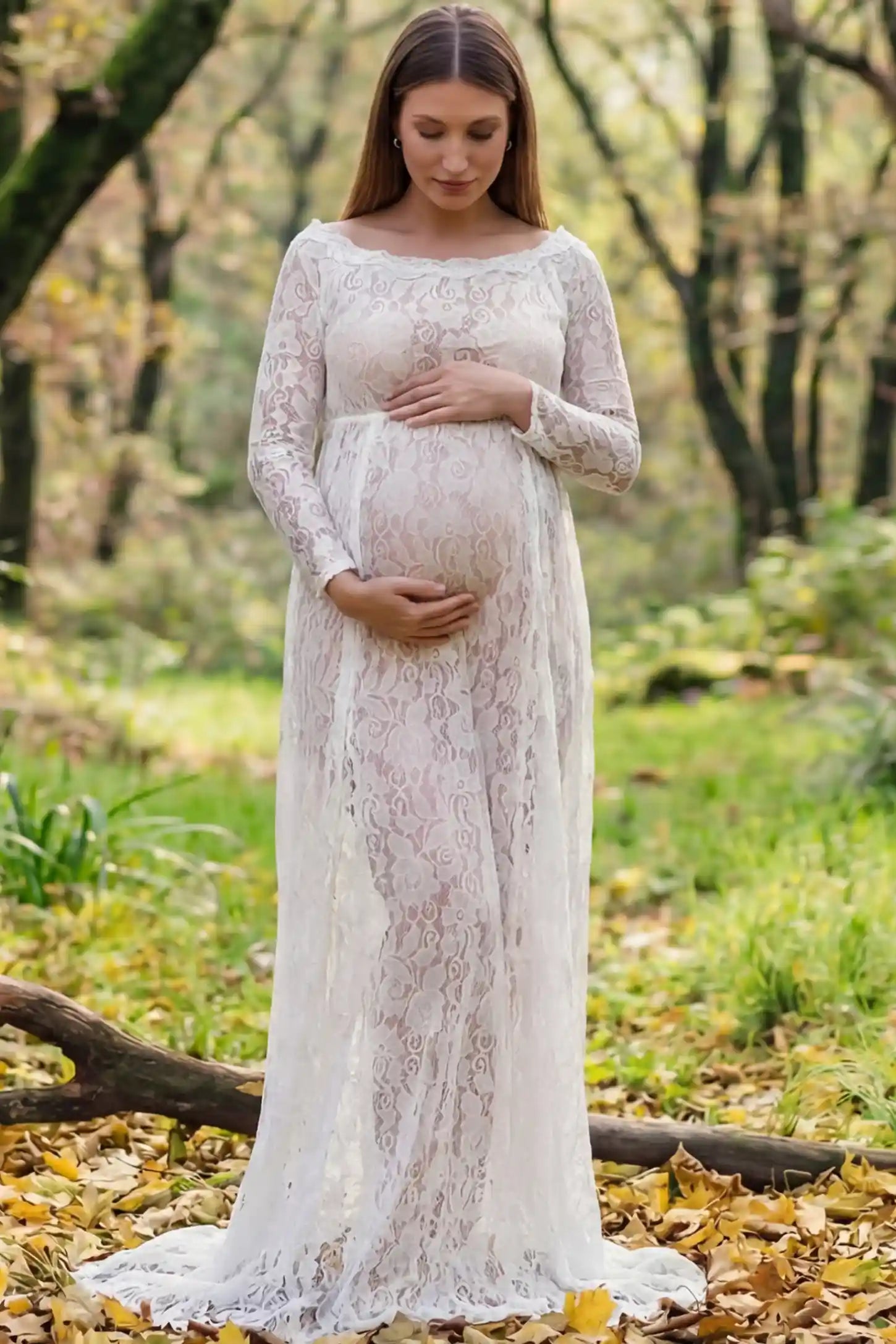 Lace Long Sleeve Maternity Photoshoot Dress Lace Long Sleeve Maternity Gown in white featuring scalloped lace trim neckline on pregnant model showing front view.