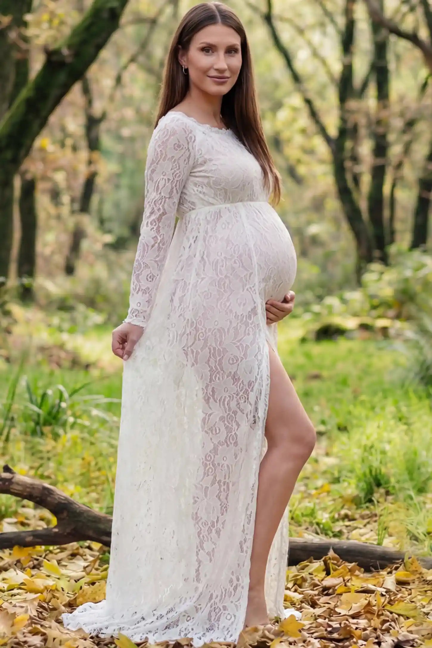 Lace Long Sleeve Maternity Photoshoot Dress Lace Long Sleeve Maternity Gown in white featuring scalloped lace trim neckline on pregnant model showing side view.