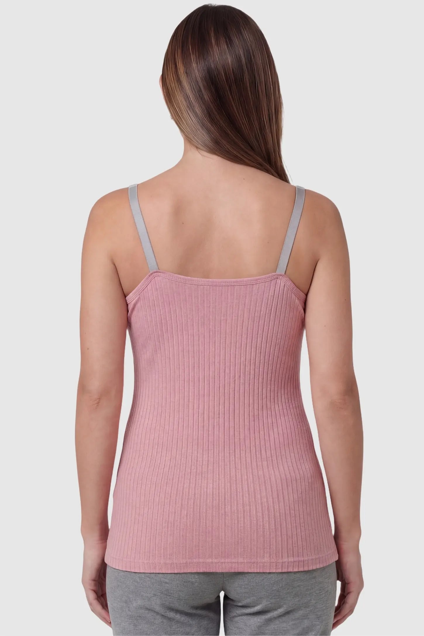 Padded Ribbed Maternity & Nursing Camisole Back view of Dusty Pink Padded Maternity Camisole showing the seamless ribbed texture and straight-cut neckline.