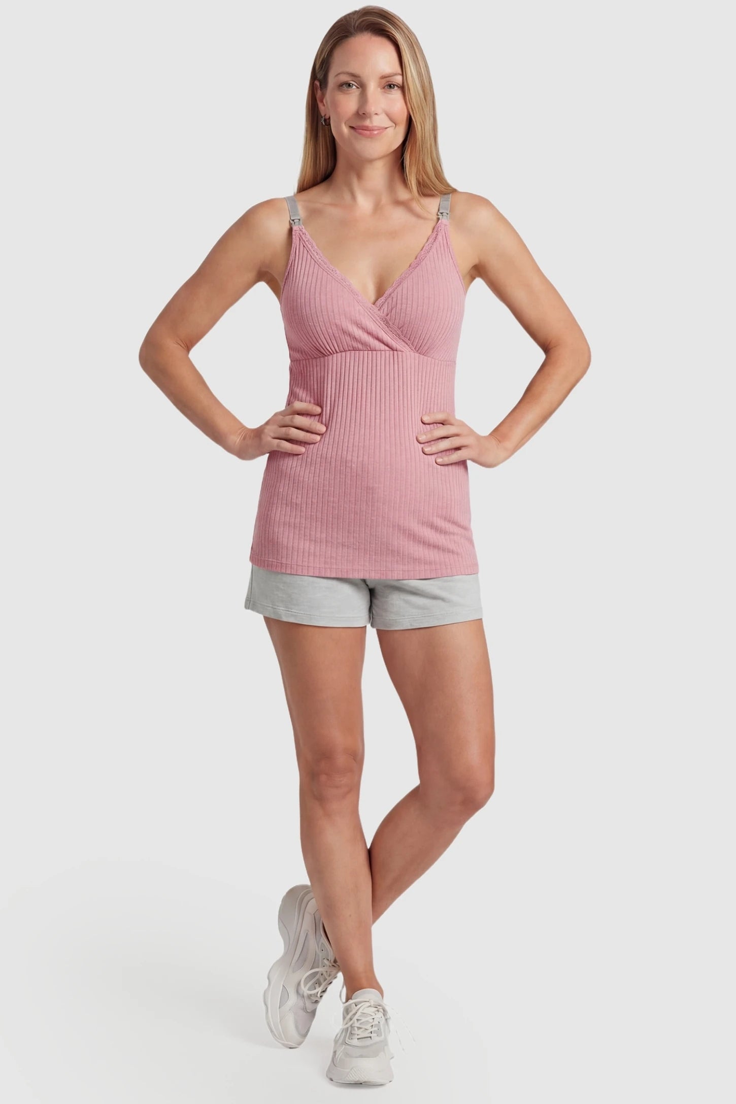 Padded Ribbed Maternity & Nursing Camisole Dusty Pink Ribbed Maternity Camisole styled with loungewear on a postpartum model in a full-body front view.