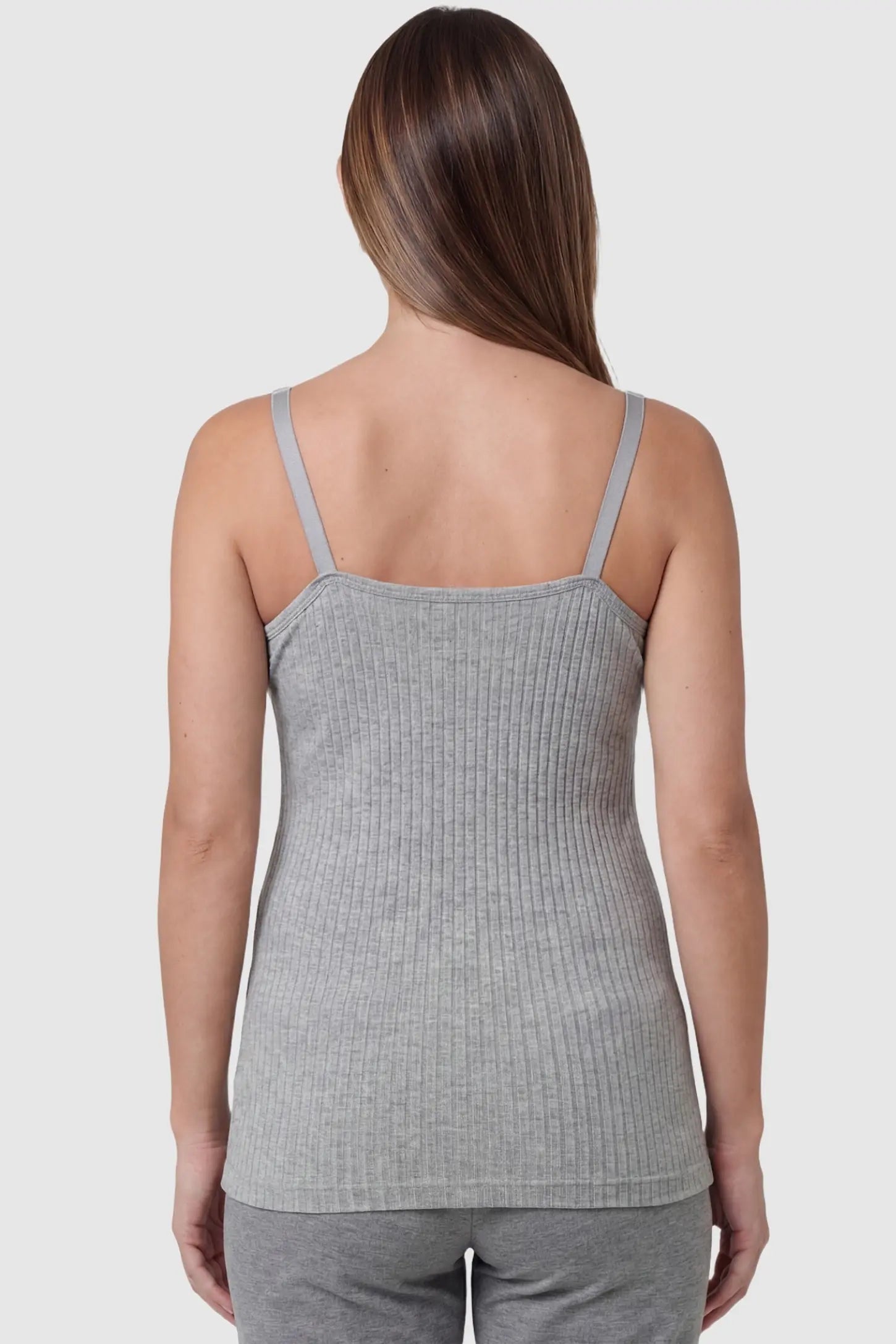 Padded Ribbed Maternity & Nursing Camisole Back view of Gray Padded Maternity Camisole showing the seamless ribbed texture and straight-cut neckline.