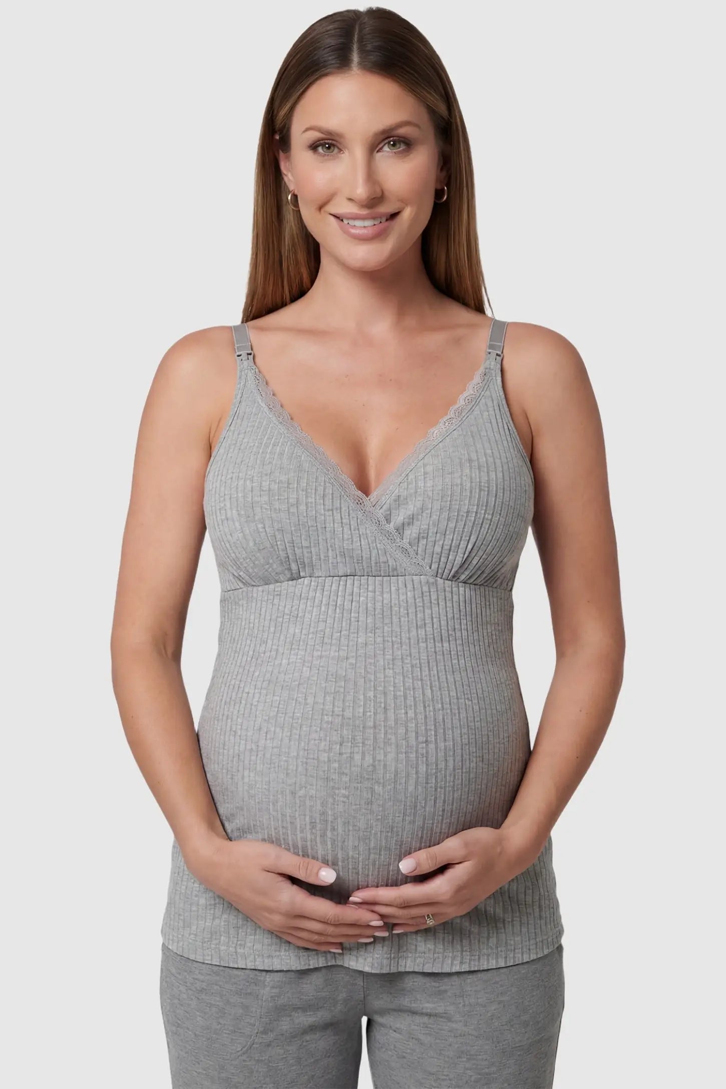 Padded Ribbed Maternity & Nursing Camisole Gray Padded Ribbed Maternity Camisole with lace-trim V-neckline on a pregnant model in a front view.