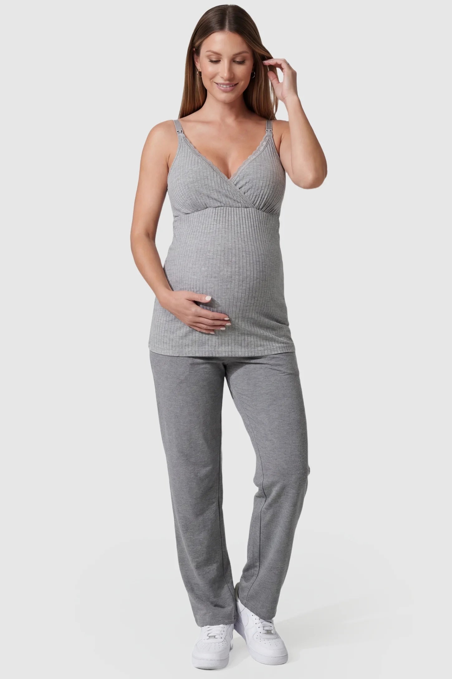 Padded Ribbed Maternity & Nursing Camisole Gray Padded Ribbed Maternity Camisole with lace-trim V-neckline on a pregnant model in a front view.