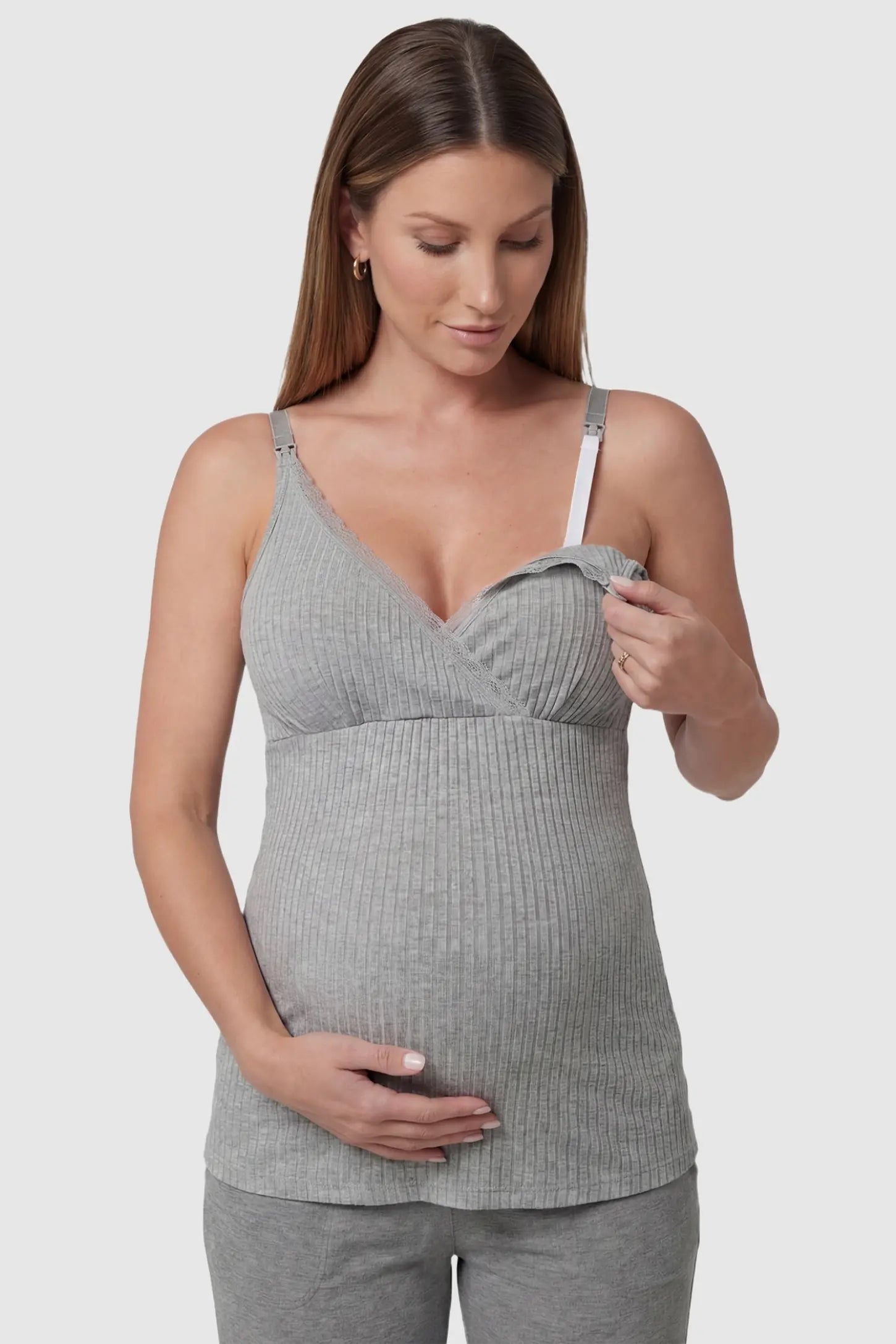 Padded Ribbed Maternity & Nursing Camisole Gray Padded Ribbed Maternity Camisole with easy nursing access on a pregnant model in a front view.