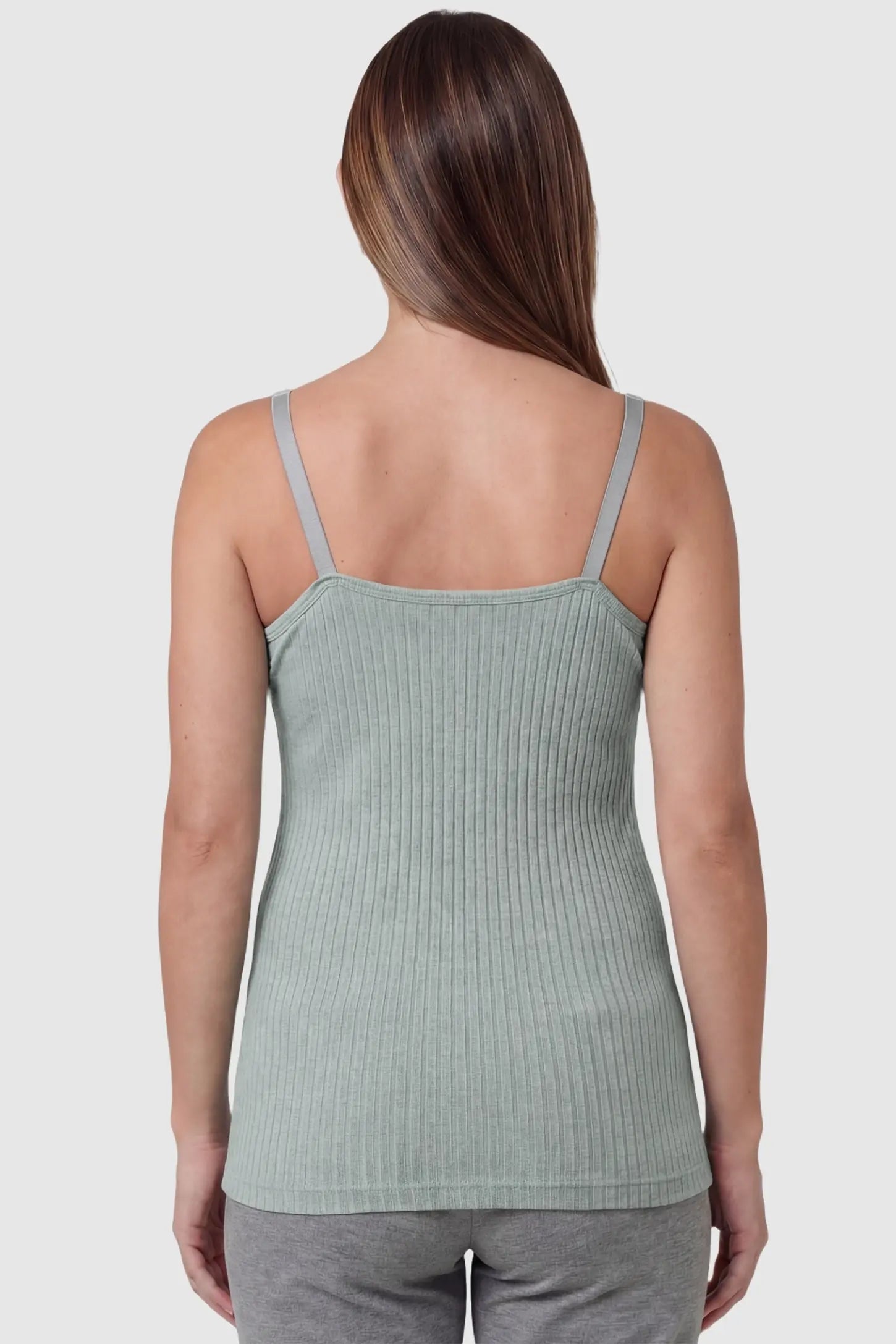 Padded Ribbed Maternity & Nursing Camisole Back view of Pea Green Padded Maternity Camisole showing the seamless ribbed texture and straight-cut neckline.